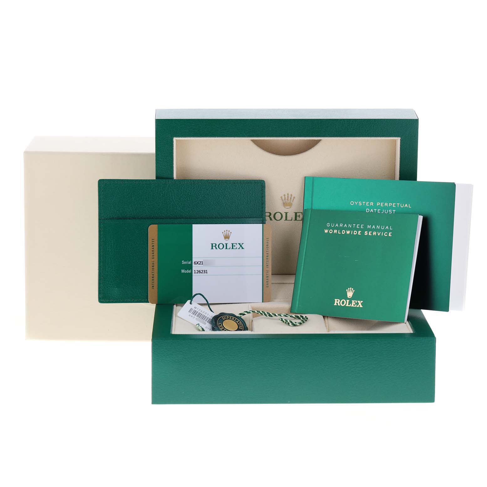 The image shows a top view of Rolex Datejust 126231 Men's Steel and Gold (two tone) White Dial 126231 Men's Steel and Gold (two tone) White Dial accessories, including packaging, a booklet, warranty card, and tag.