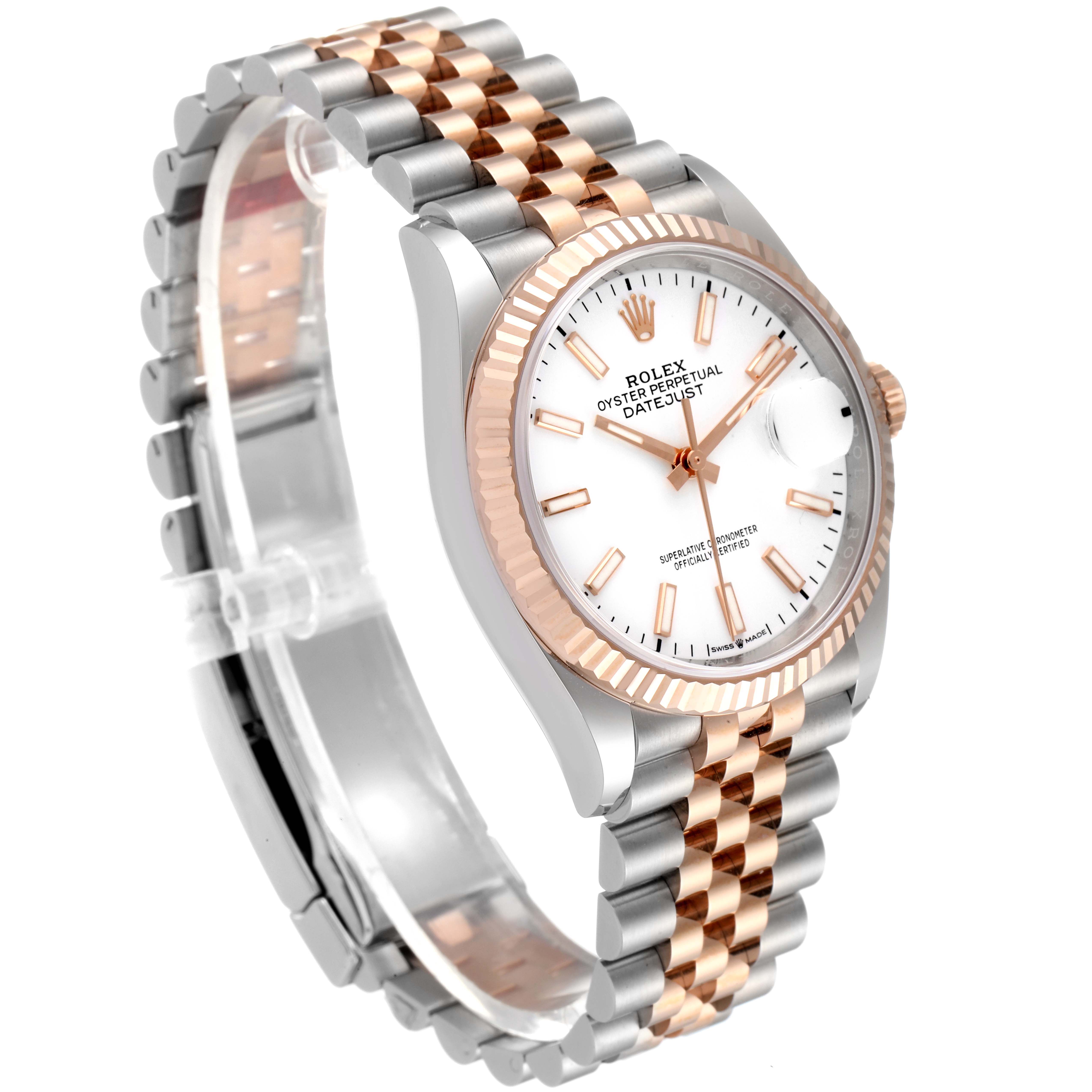 This image shows the Rolex Datejust 126231 Men's Steel and Gold (two tone) White Dial 126231 Men's Steel and Gold (two tone) White Dial watch at a three-quarter angle, highlighting its bezel, dial, and Jubilee bracelet.
