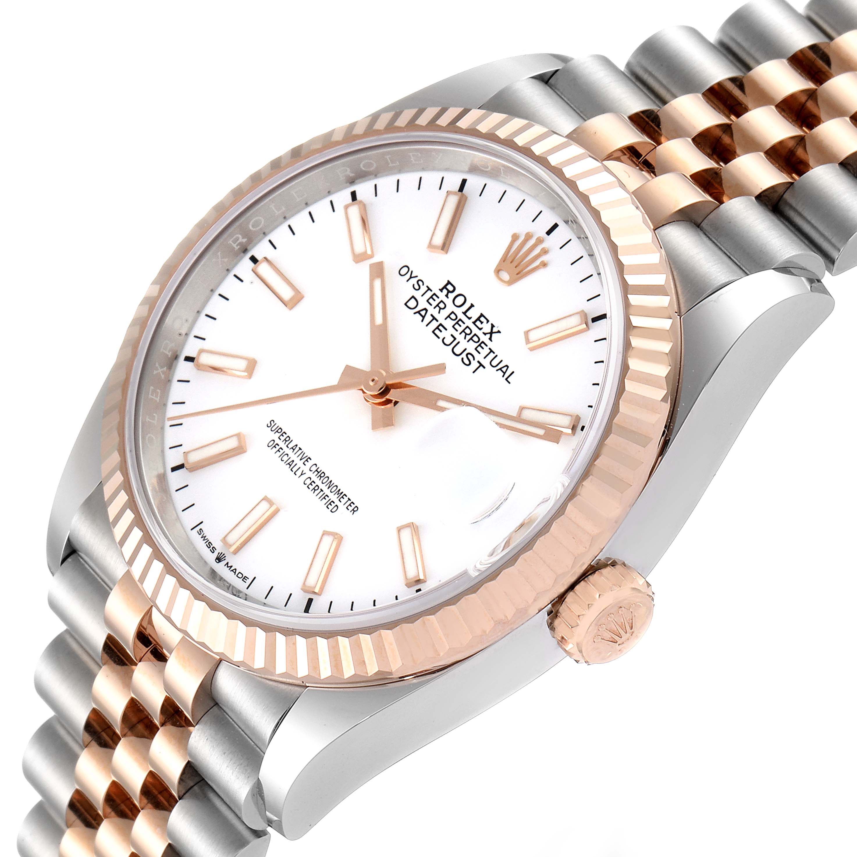 This image shows a Rolex Datejust 126231 Men's Steel and Gold (two tone) White Dial 126231 Men's Steel and Gold (two tone) White Dial watch from a three-quarter angle, highlighting the dial, bezel, and part of the bracelet.