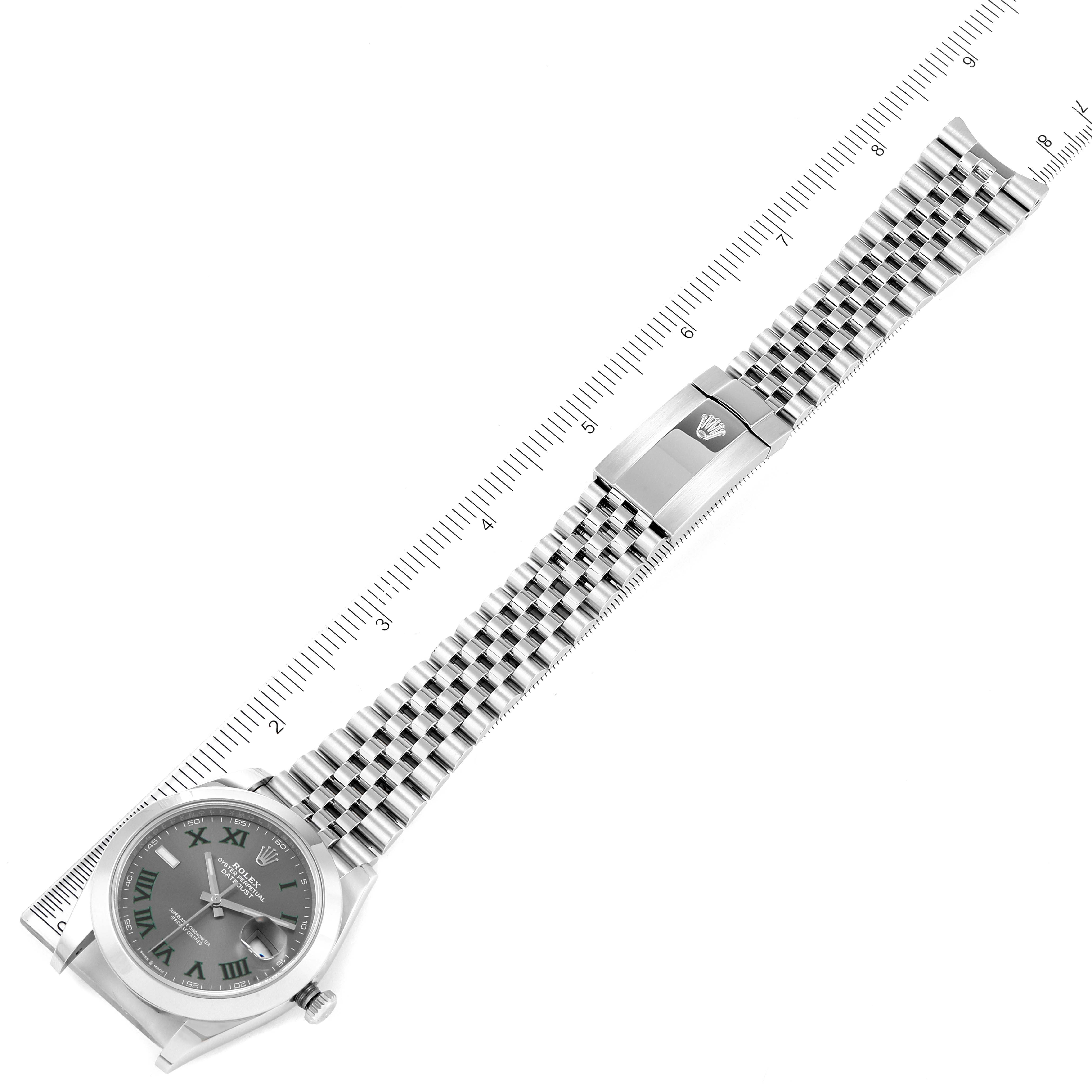 This image shows a top-down view of a Rolex Datejust 41 126300 Men
s Stainless Steel Grey Dial 126300 Men
s Stainless Steel Grey Dial watch, focusing on its dial and the entire length of the bracelet with a clasp.