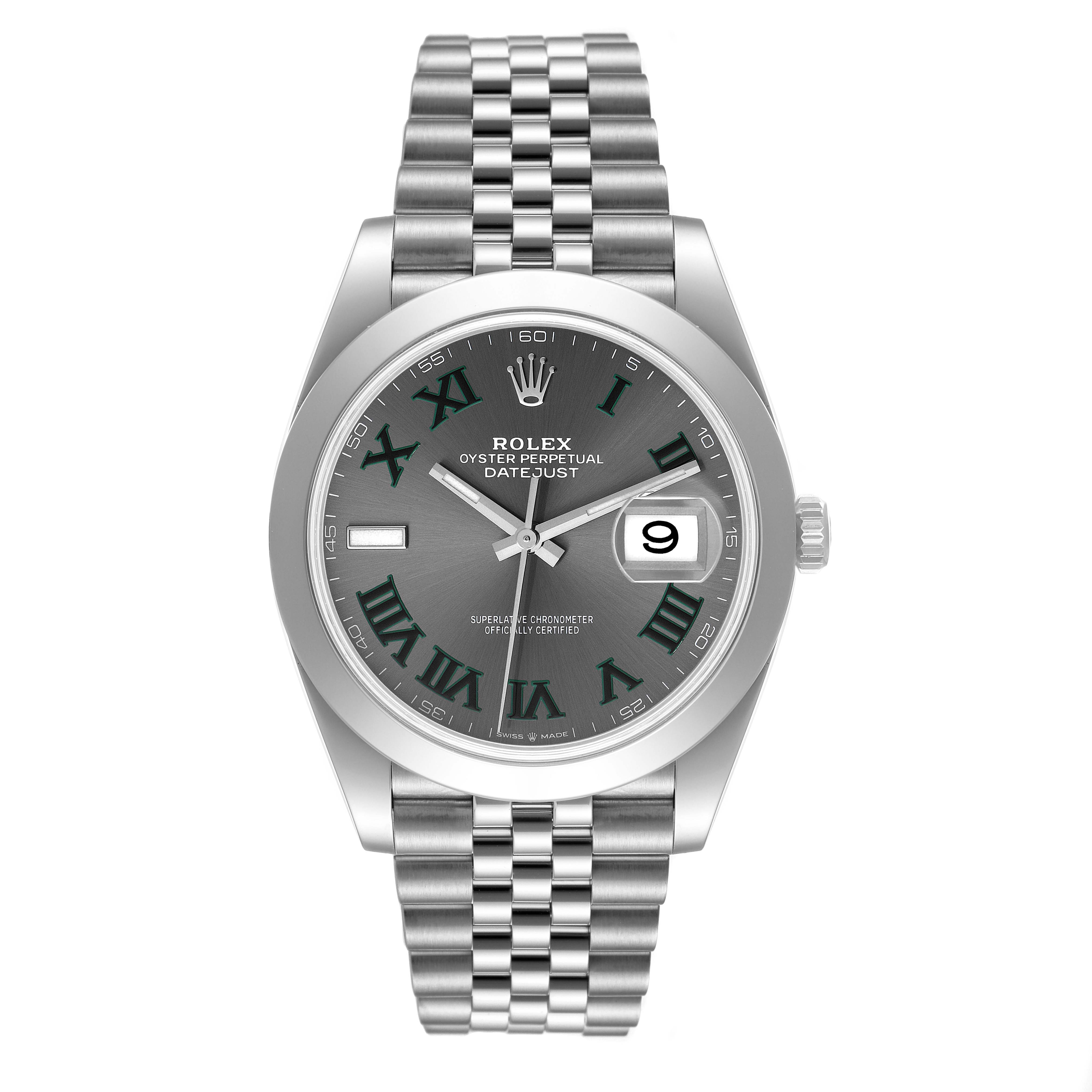 This image shows a Rolex Datejust 41 126300 Men
s Stainless Steel Grey Dial 126300 Men
s Stainless Steel Grey Dial watch from a top view, highlighting its face, bezel, and bracelet.
