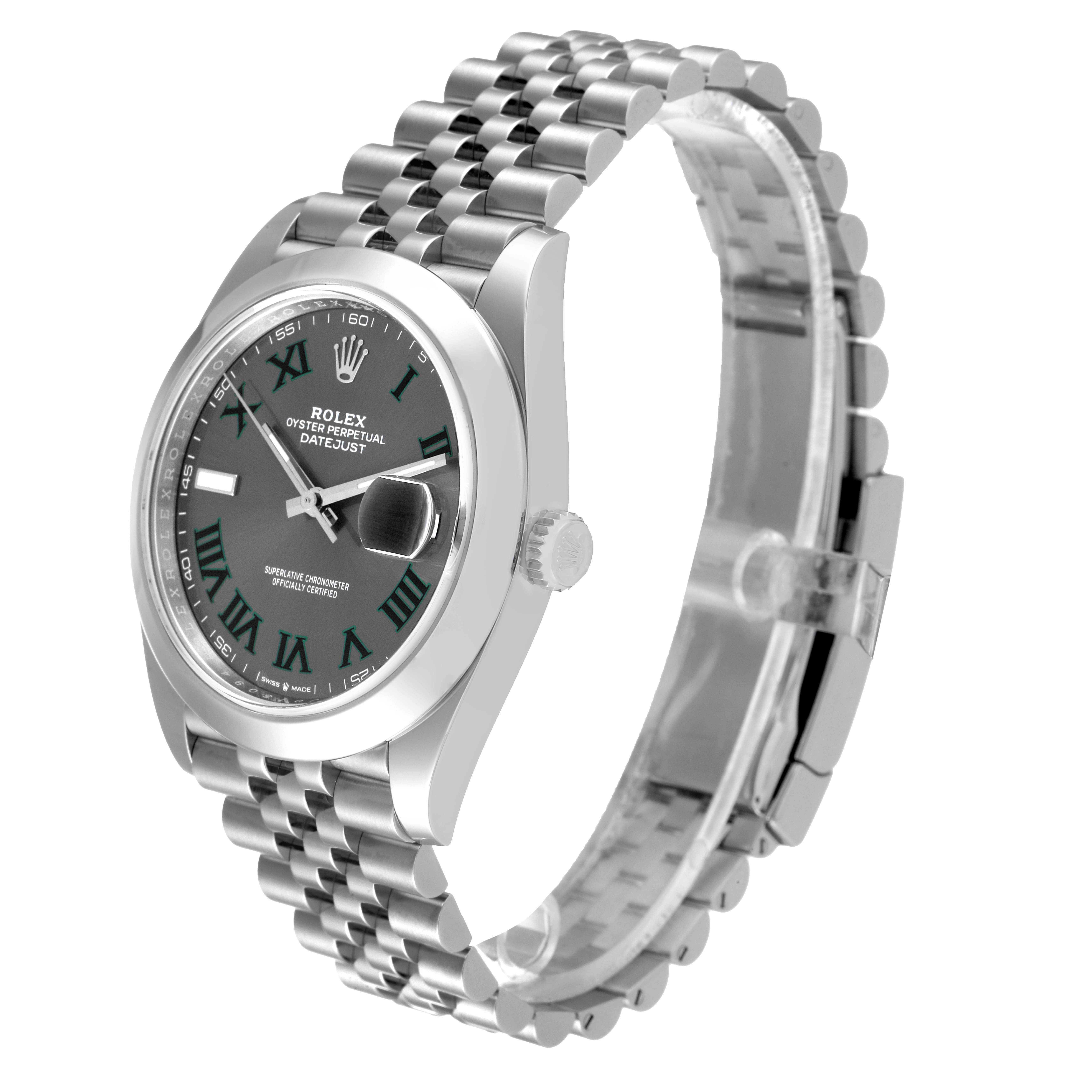 This Rolex Datejust 41 126300 Men
s Stainless Steel Grey Dial 126300 Men
s Stainless Steel Grey Dial watch is shown at a three-quarter angle, highlighting its face, bezel, crown, and Jubilee bracelet.