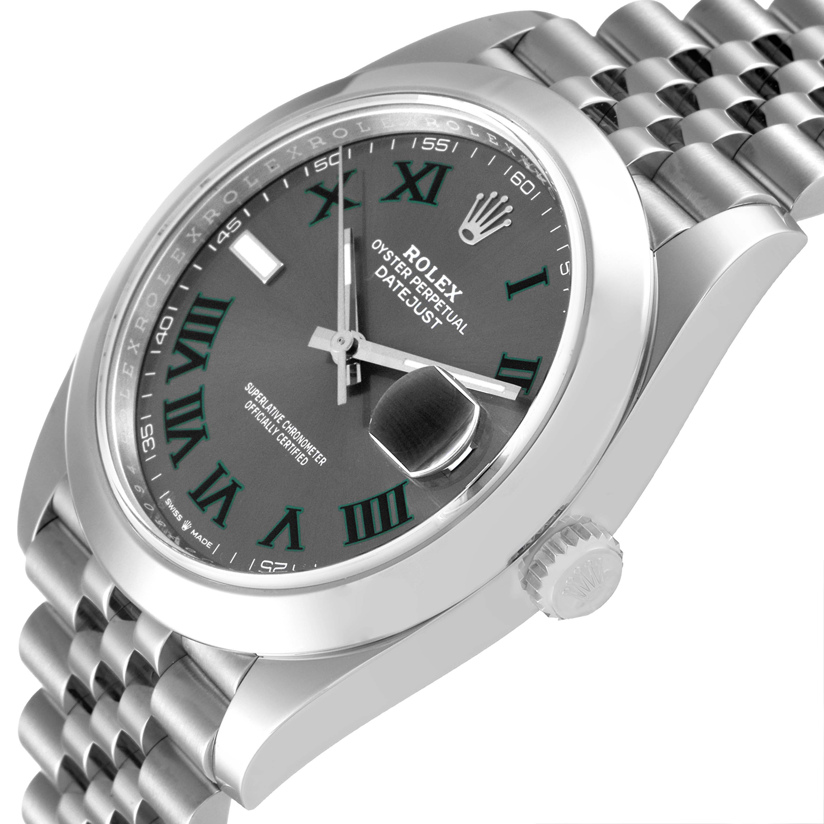 The image shows a close-up side angle of a Rolex Datejust 41 126300 Men
s Stainless Steel Grey Dial 126300 Men
s Stainless Steel Grey Dial watch, highlighting the dial, crown, and bracelet.