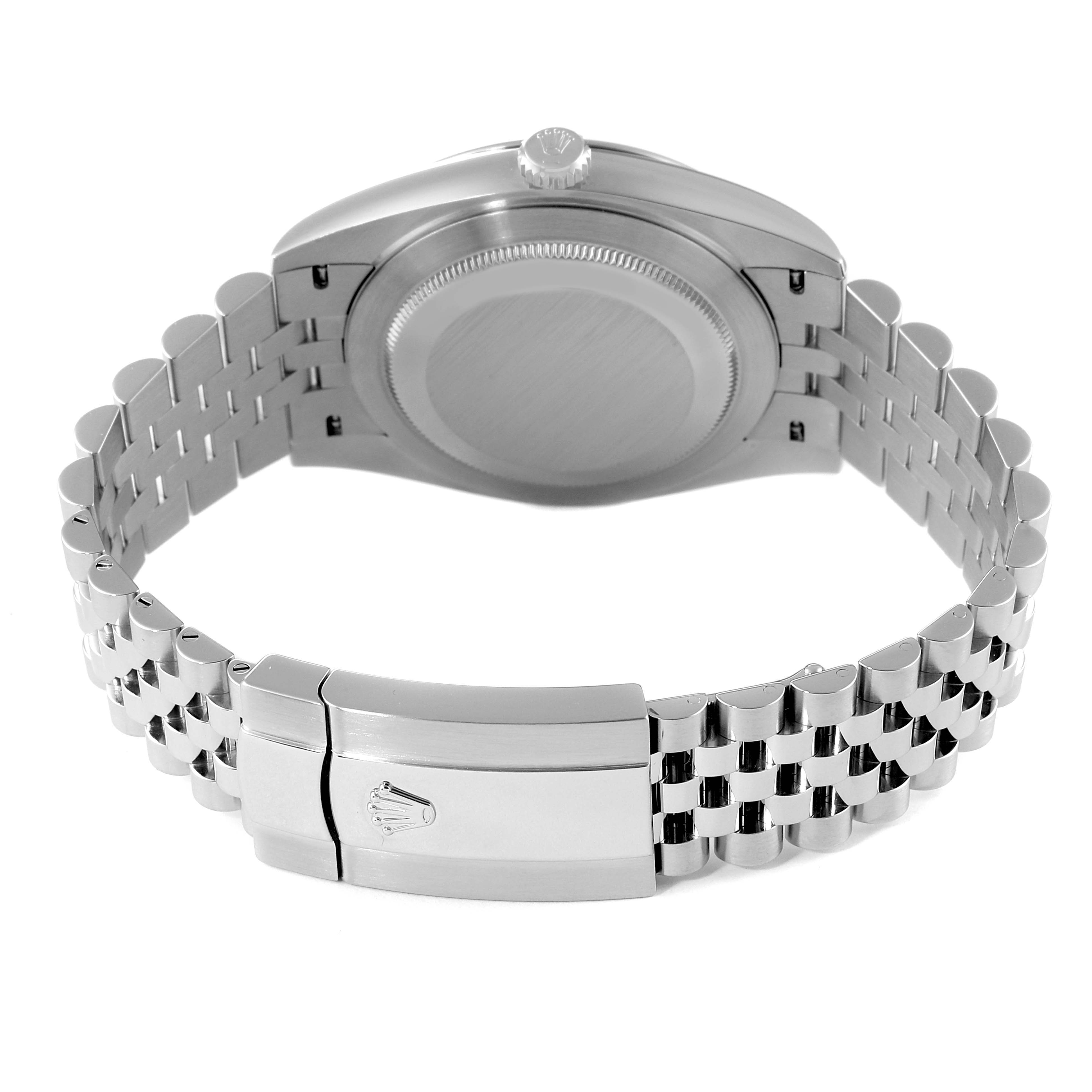 The image shows the back, clasp, and bracelet of the Rolex Datejust 41 126300 Men
s Stainless Steel Grey Dial 126300 Men
s Stainless Steel Grey Dial watch from an overhead angle.