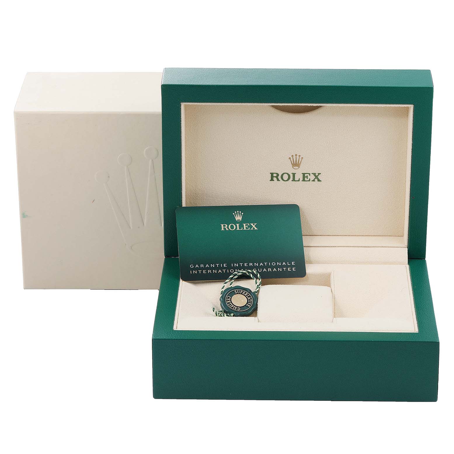 The image shows the packaging, guarantee card, and tag for a Rolex Datejust 41 126300 Men
s Stainless Steel Grey Dial 126300 Men
s Stainless Steel Grey Dial watch, with a green box and card holder.