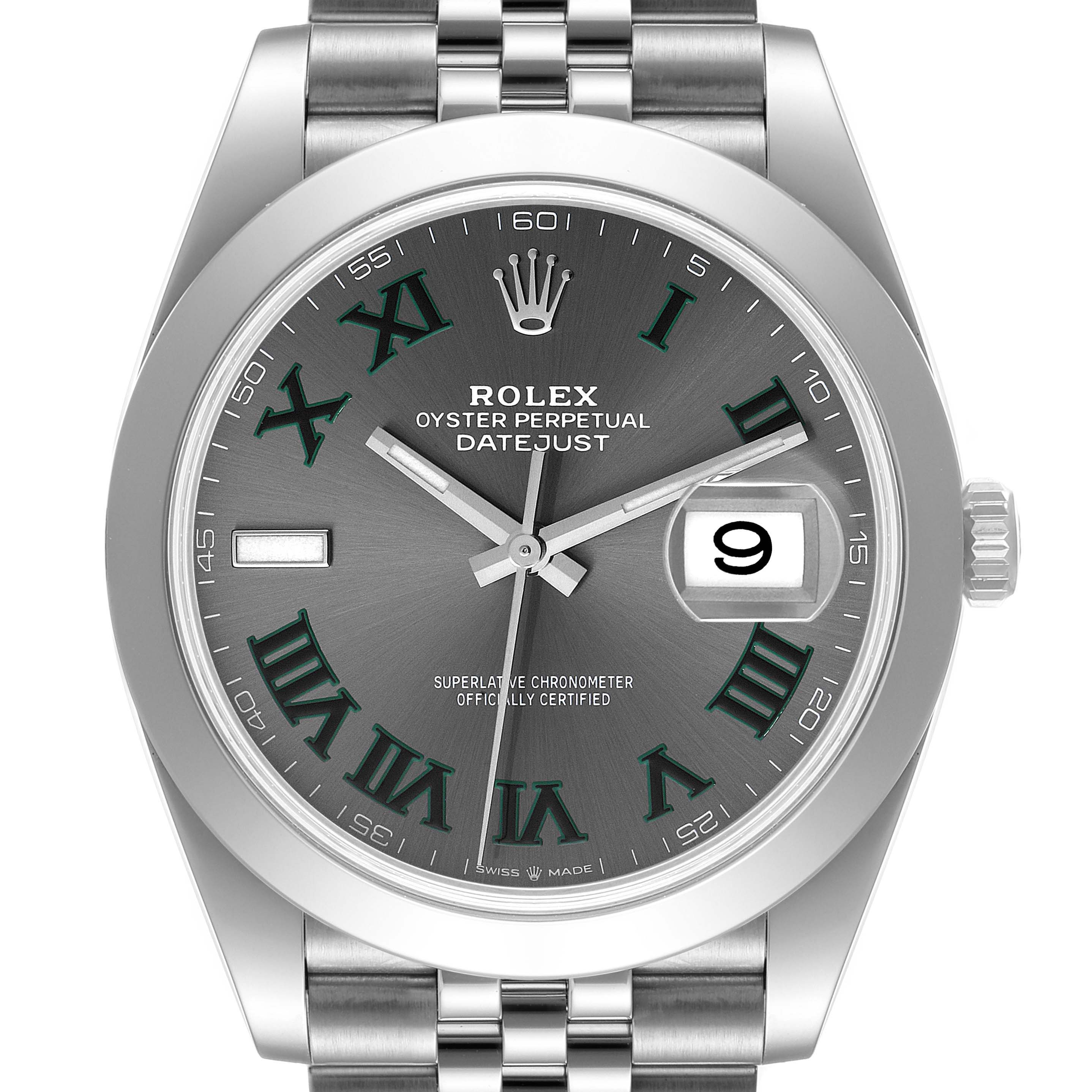 The image shows a frontal view of the Rolex Datejust 41 126300 Men
s Stainless Steel Grey Dial 126300 Men
s Stainless Steel Grey Dial watch, highlighting its dial, hands, date window, and bracelet.