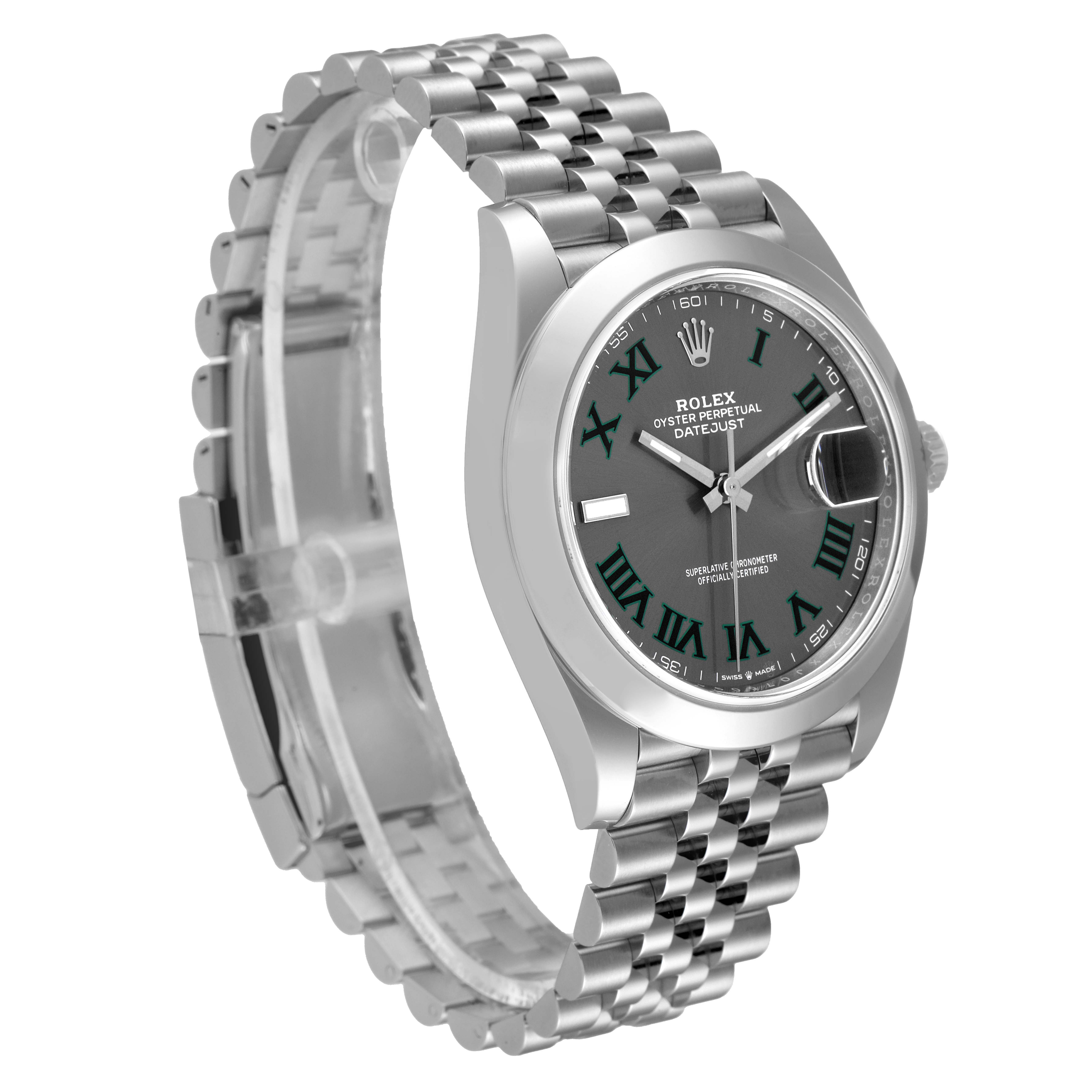 The Rolex Datejust 41 126300 Men
s Stainless Steel Grey Dial 126300 Men
s Stainless Steel Grey Dial watch is shown at an angled view, displaying its face, bezel, and metal bracelet.