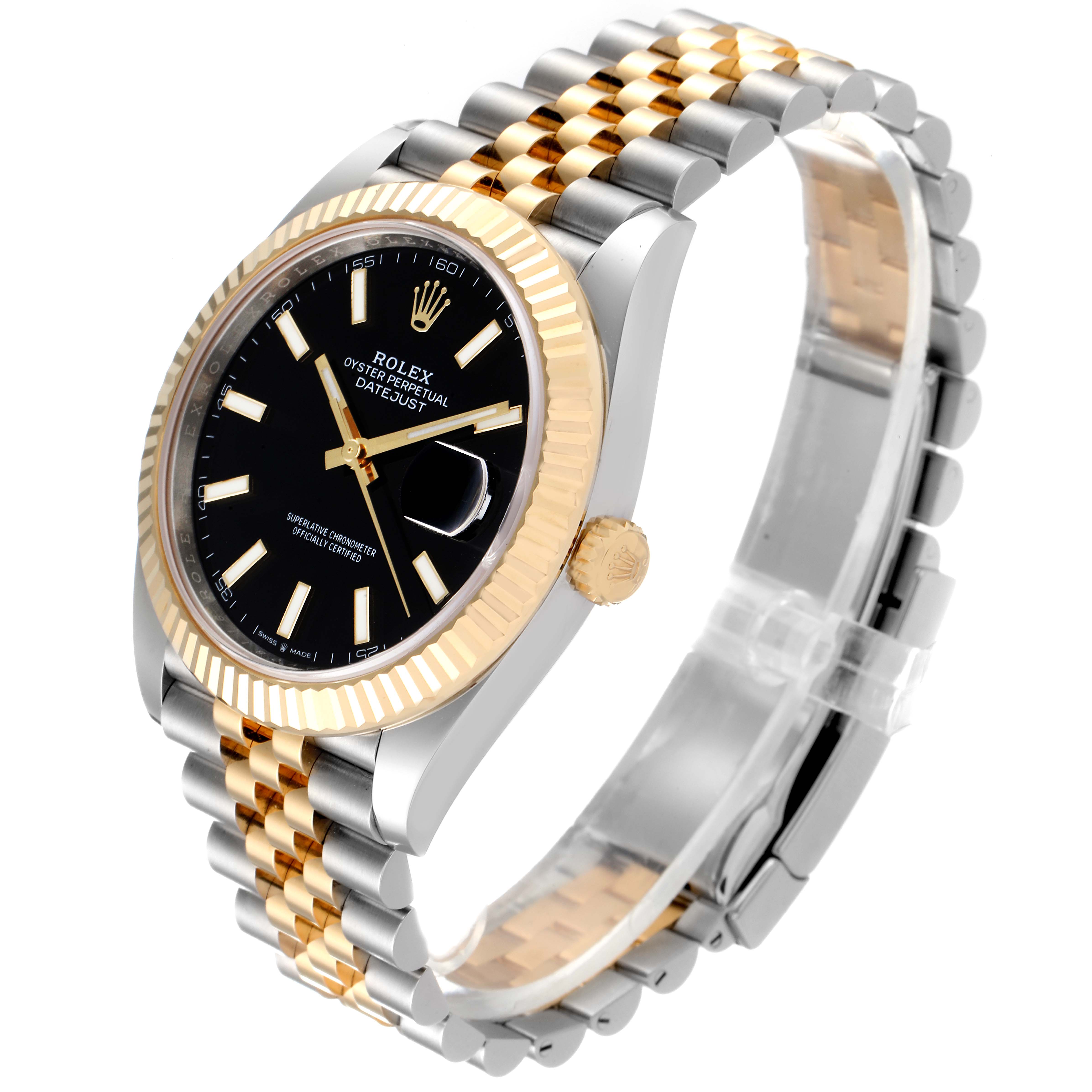 The Rolex Datejust 41 126333 Men's Steel and Gold (two tone) Black Dial 126333 Men's Steel and Gold (two tone) Black Dial watch is shown at a left-angled view, displaying the face, case, bezel, and bracelet.