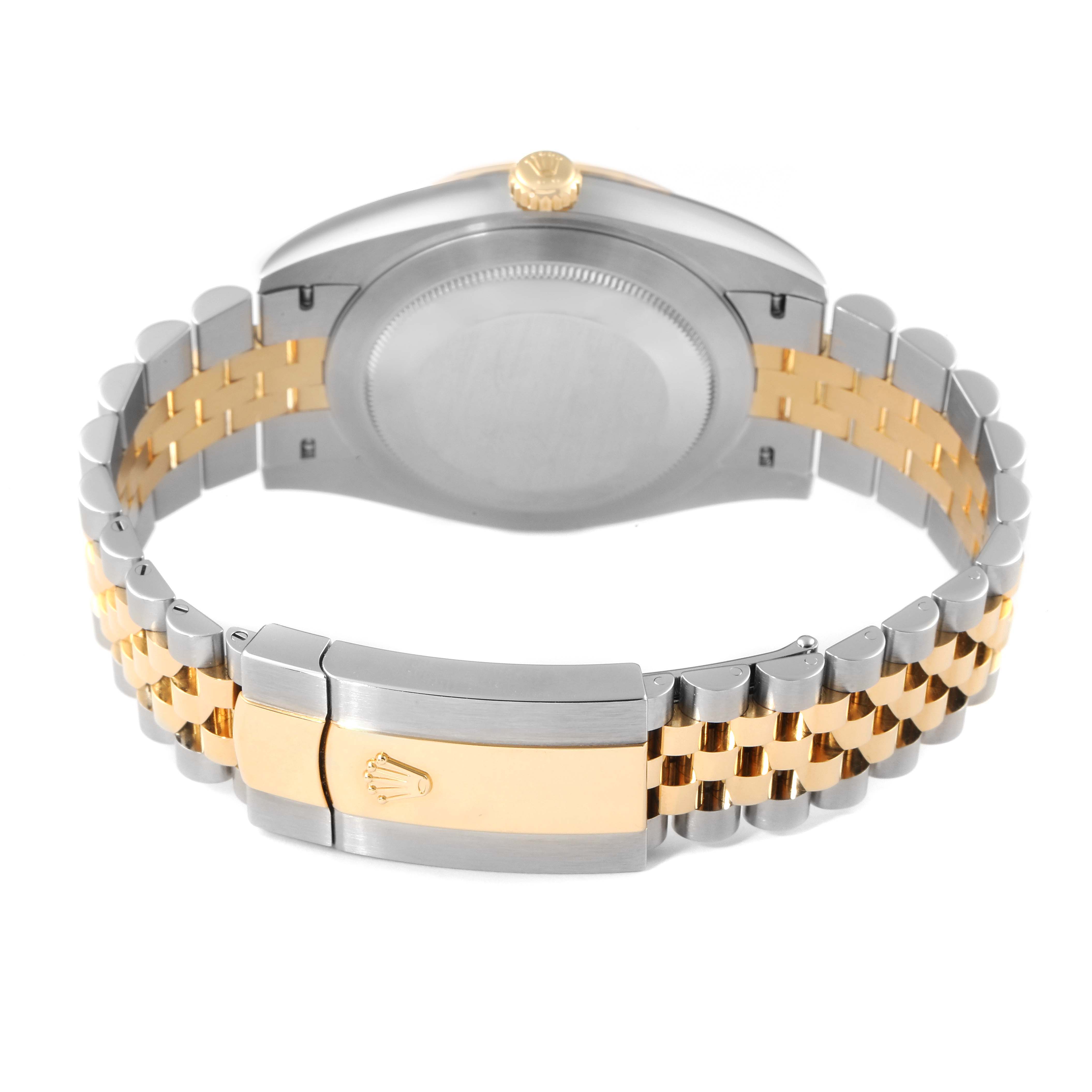 The image showcases the back and bracelet of the Rolex Datejust 41 126333 Men's Steel and Gold (two tone) Black Dial 126333 Men's Steel and Gold (two tone) Black Dial, highlighting its two-tone metal design and clasp.