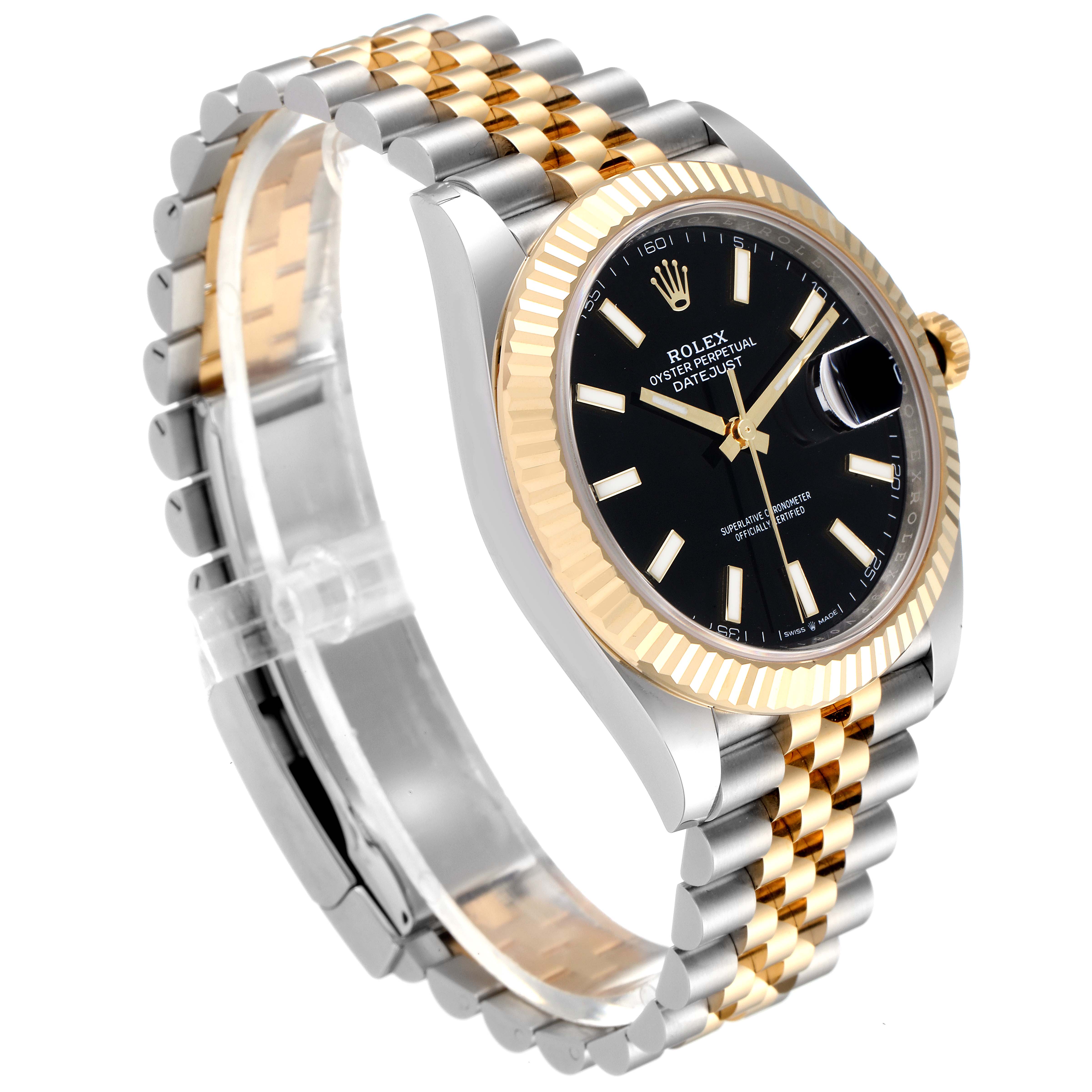 The image shows a side view of the Rolex Datejust 41 126333 Men's Steel and Gold (two tone) Black Dial 126333 Men's Steel and Gold (two tone) Black Dial model, highlighting its two-tone bracelet, fluted bezel, and black dial.