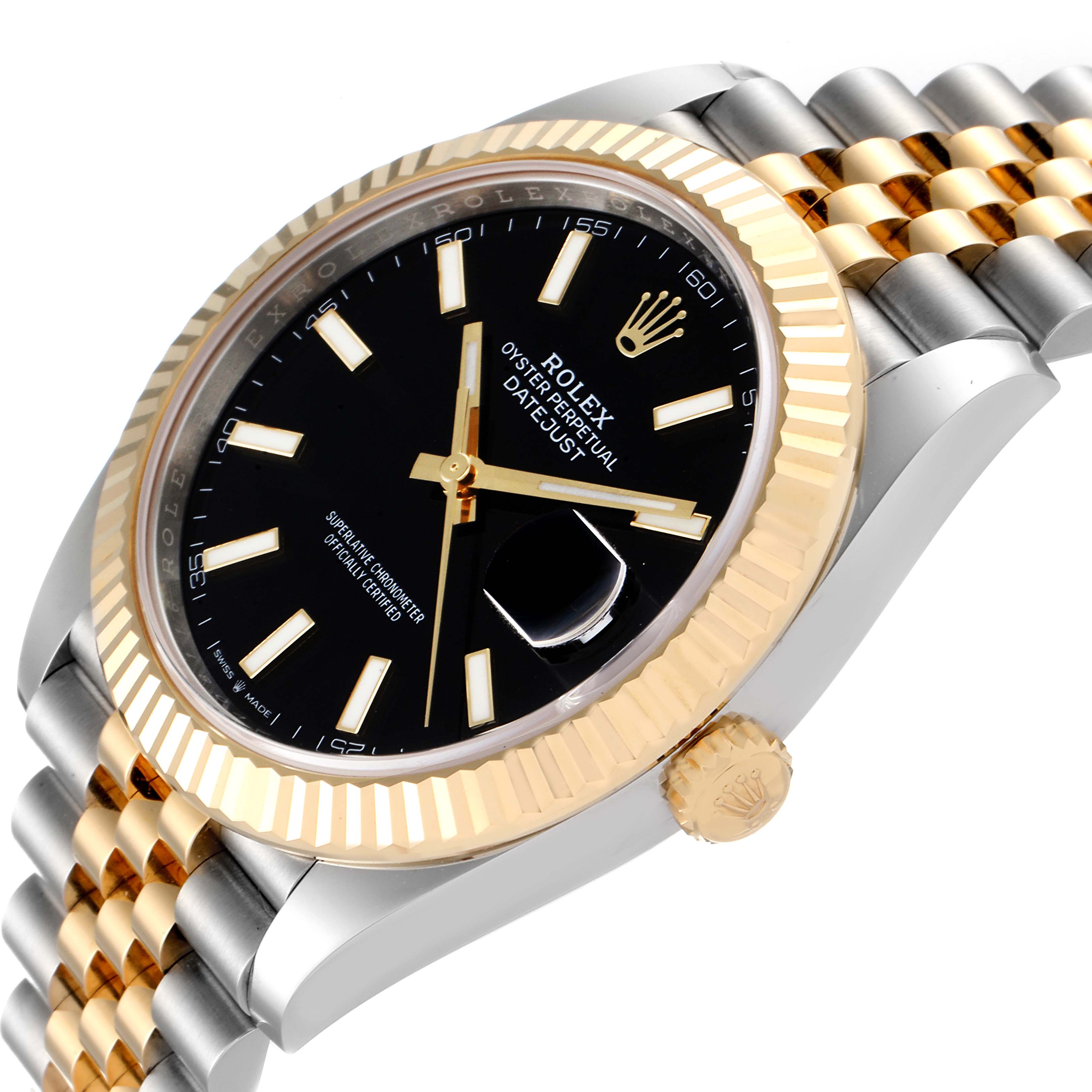 The image shows a close-up angled view of a Rolex Datejust 41 126333 Men's Steel and Gold (two tone) Black Dial 126333 Men's Steel and Gold (two tone) Black Dial, highlighting the dial, bezel, crown, and part of the bracelet.