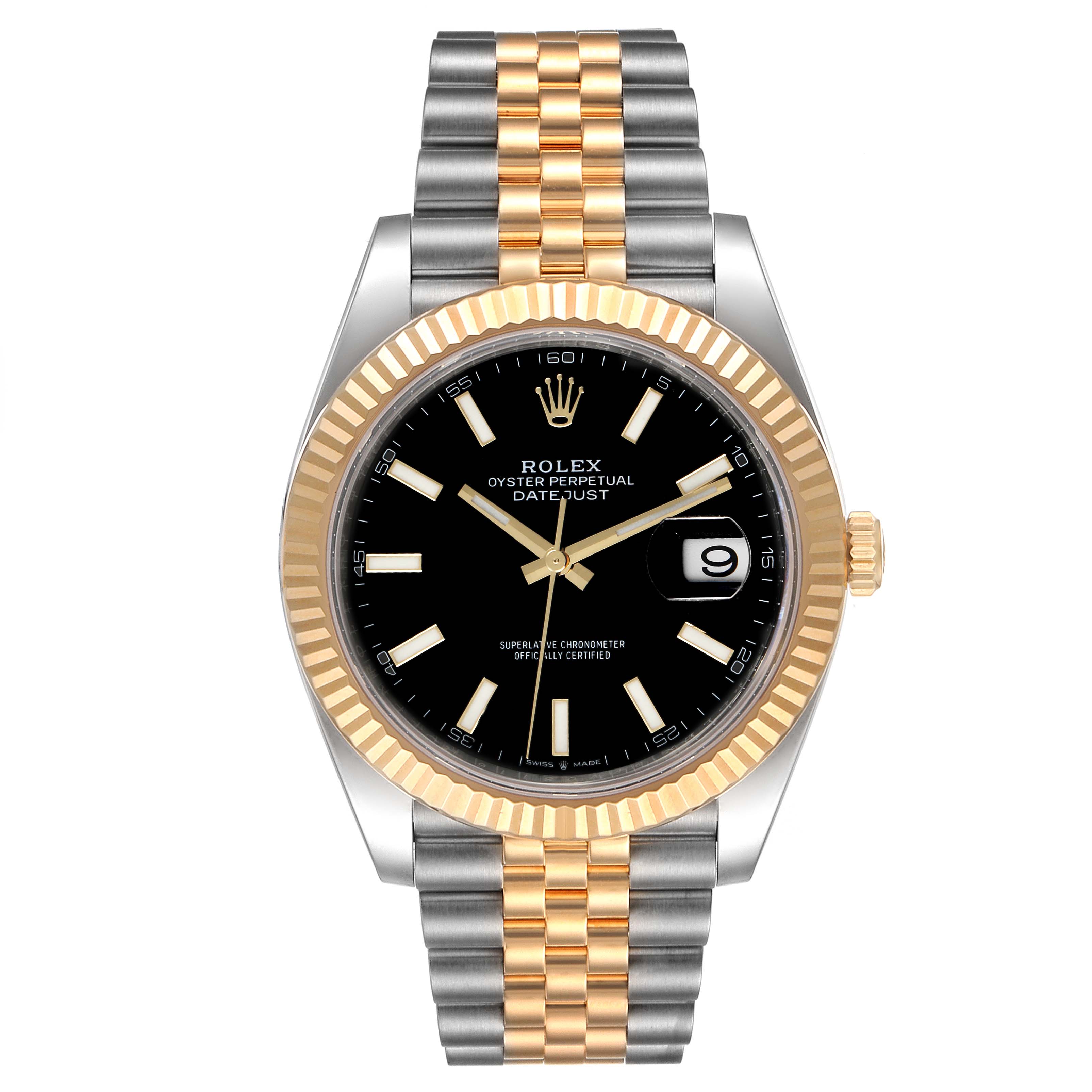 The image shows a front view of a Rolex Datejust 41 126333 Men's Steel and Gold (two tone) Black Dial 126333 Men's Steel and Gold (two tone) Black Dial watch, highlighting its black dial, fluted gold bezel, and two-tone bracelet.
