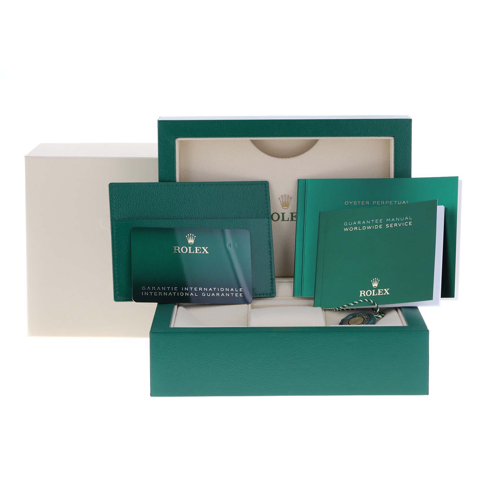 The image shows the packaging, guarantee card, manuals, and accessories for a Rolex Datejust 41 126333 Men's Steel and Gold (two tone) Black Dial 126333 Men's Steel and Gold (two tone) Black Dial watch.