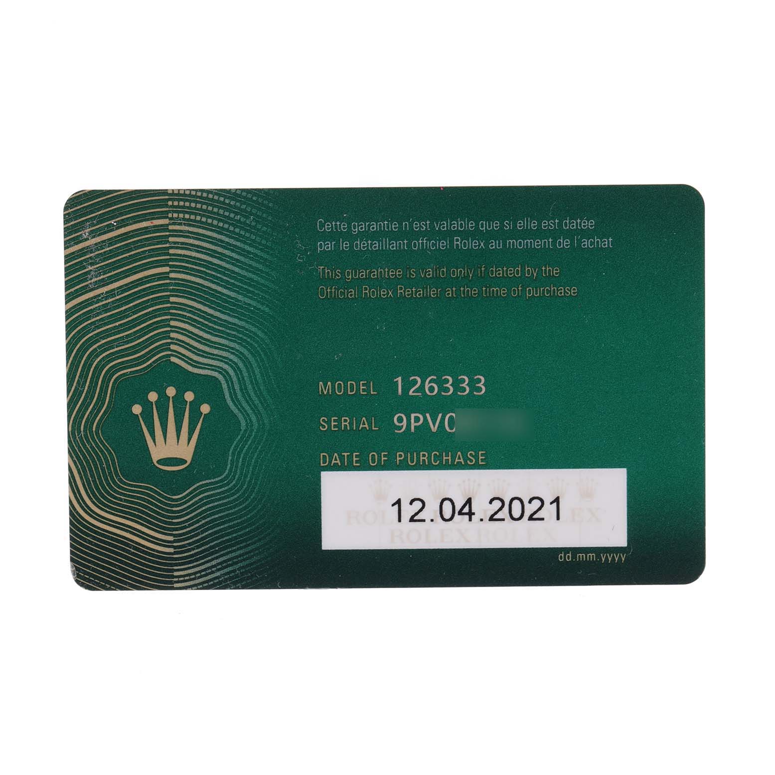 This image shows a warranty card for the Rolex Datejust 41 126333 Men's Steel and Gold (two tone) Black Dial 126333 Men's Steel and Gold (two tone) Black Dial model, displaying the model number, serial number, and date of purchase.