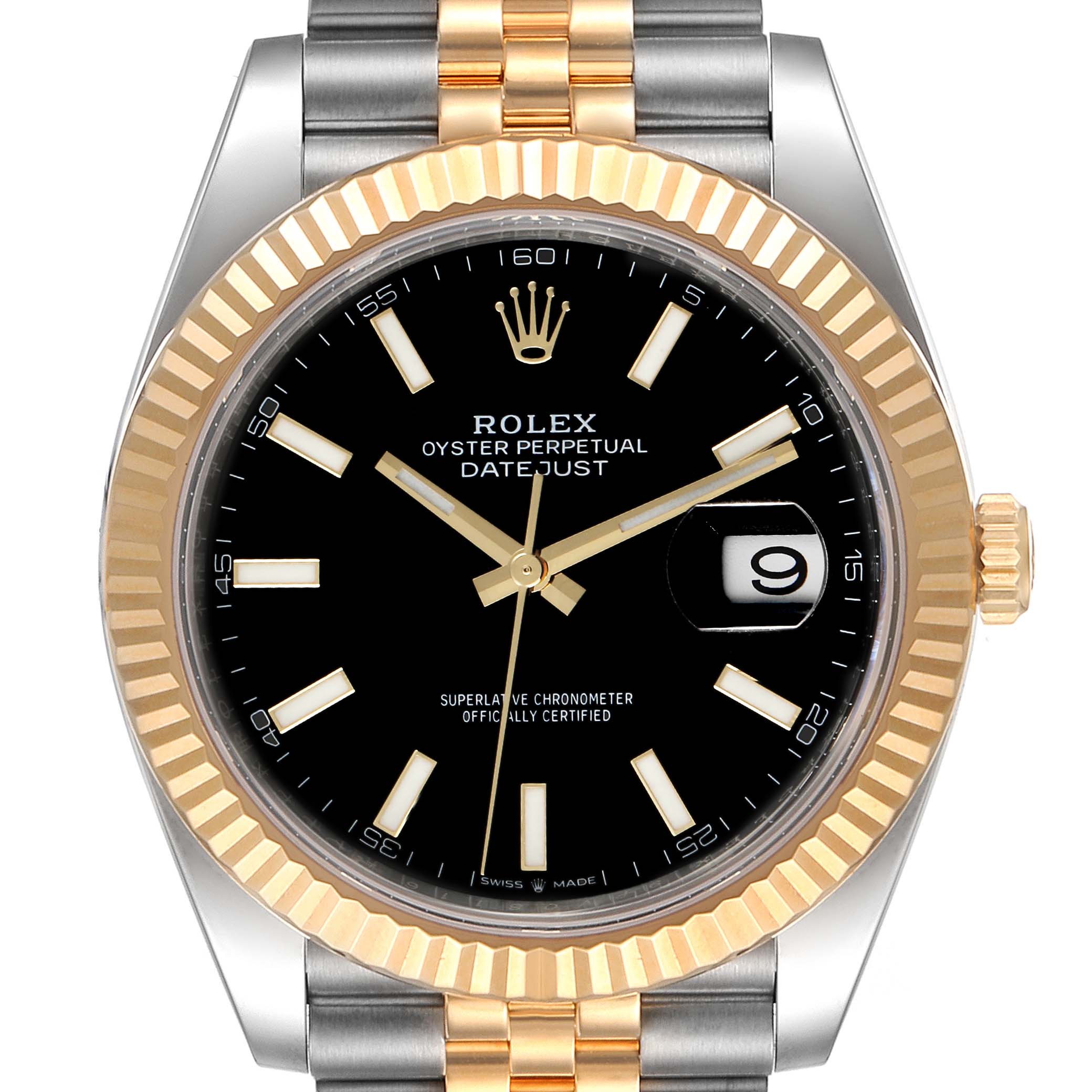 The image shows a front view of the Rolex Datejust 41 126333 Men's Steel and Gold (two tone) Black Dial 126333 Men's Steel and Gold (two tone) Black Dial watch, highlighting the dial, bezel, and part of the bracelet.