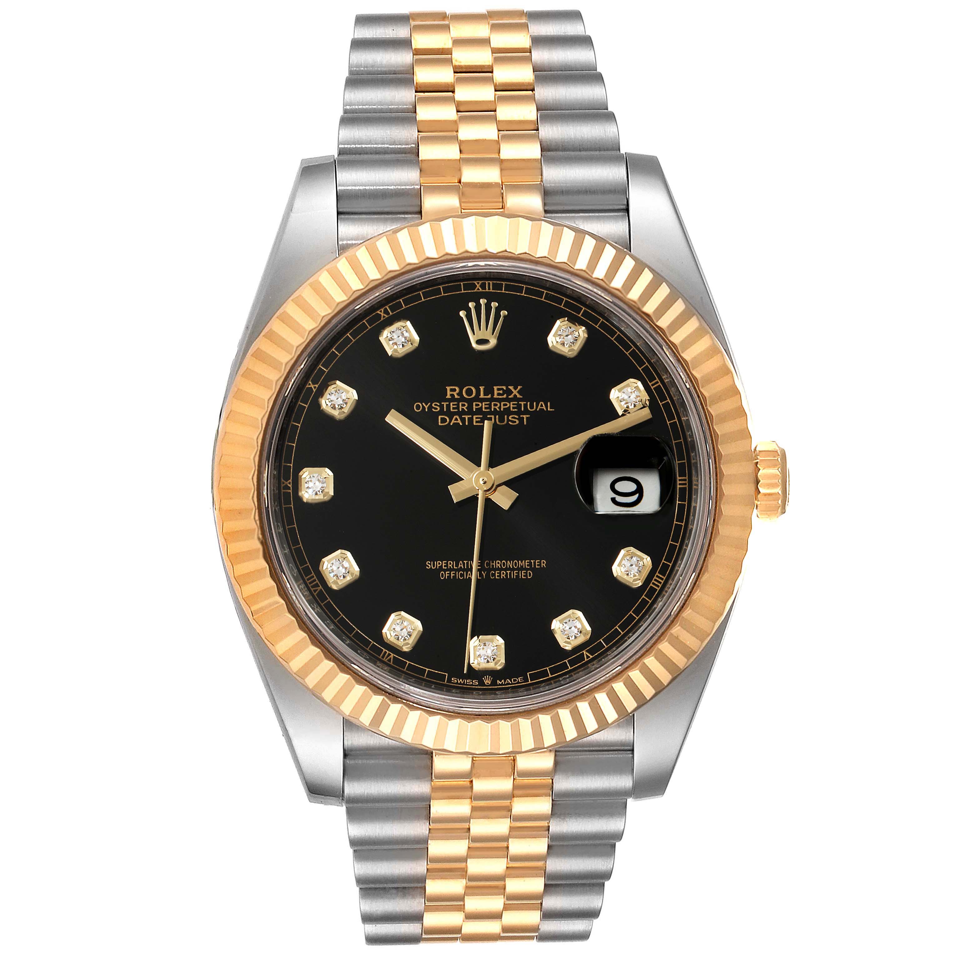 The Rolex Datejust 41 126333 Men's Steel and Gold (two tone) Black Dial 126333 Men's Steel and Gold (two tone) Black Dial watch is shown from the front, displaying the black dial, date window, and two-tone fluted bezel and bracelet.