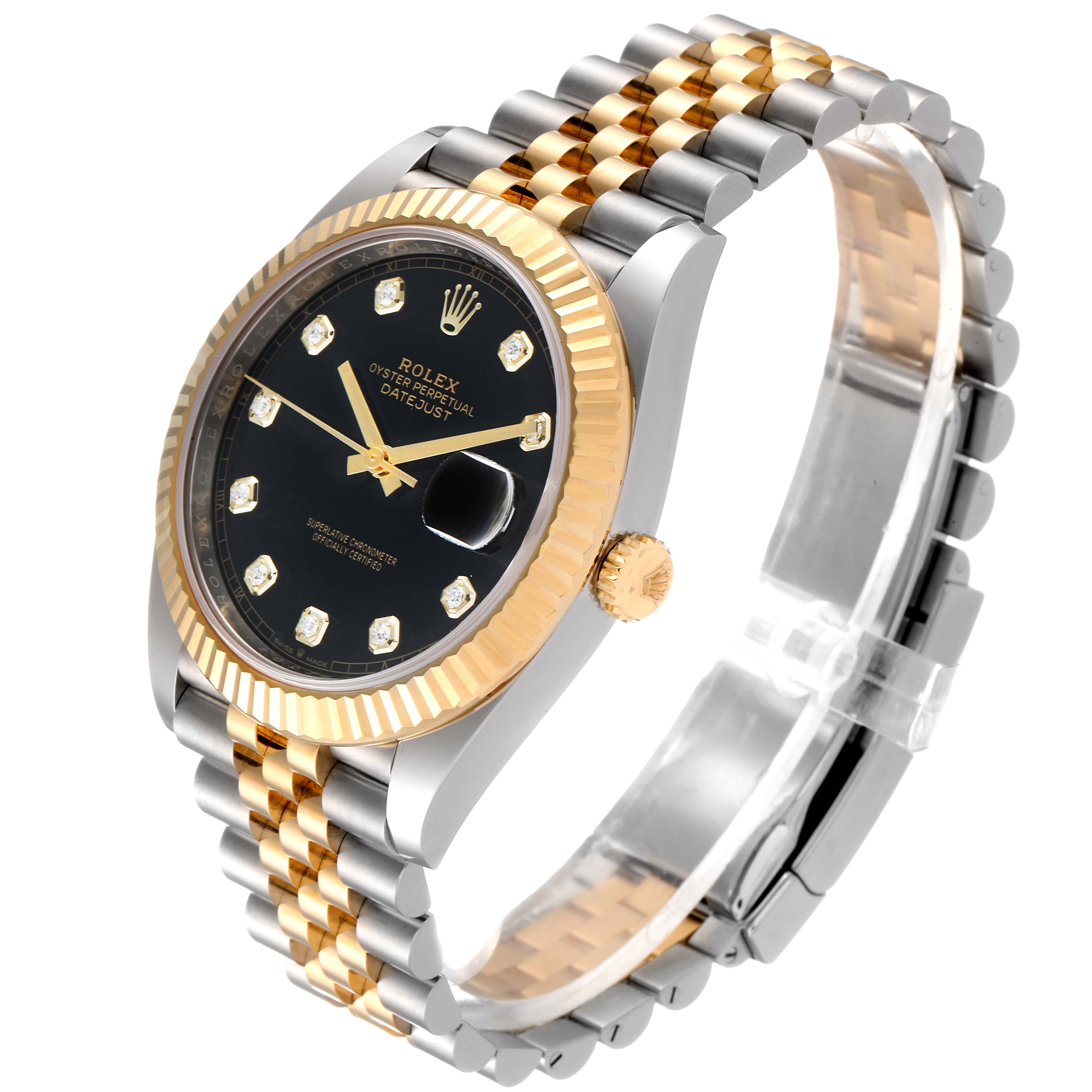 The Rolex Datejust 41 126333 Men's Steel and Gold (two tone) Black Dial 126333 Men's Steel and Gold (two tone) Black Dial is shown from a three-quarter top view, highlighting its black dial, fluted bezel, and two-tone bracelet.