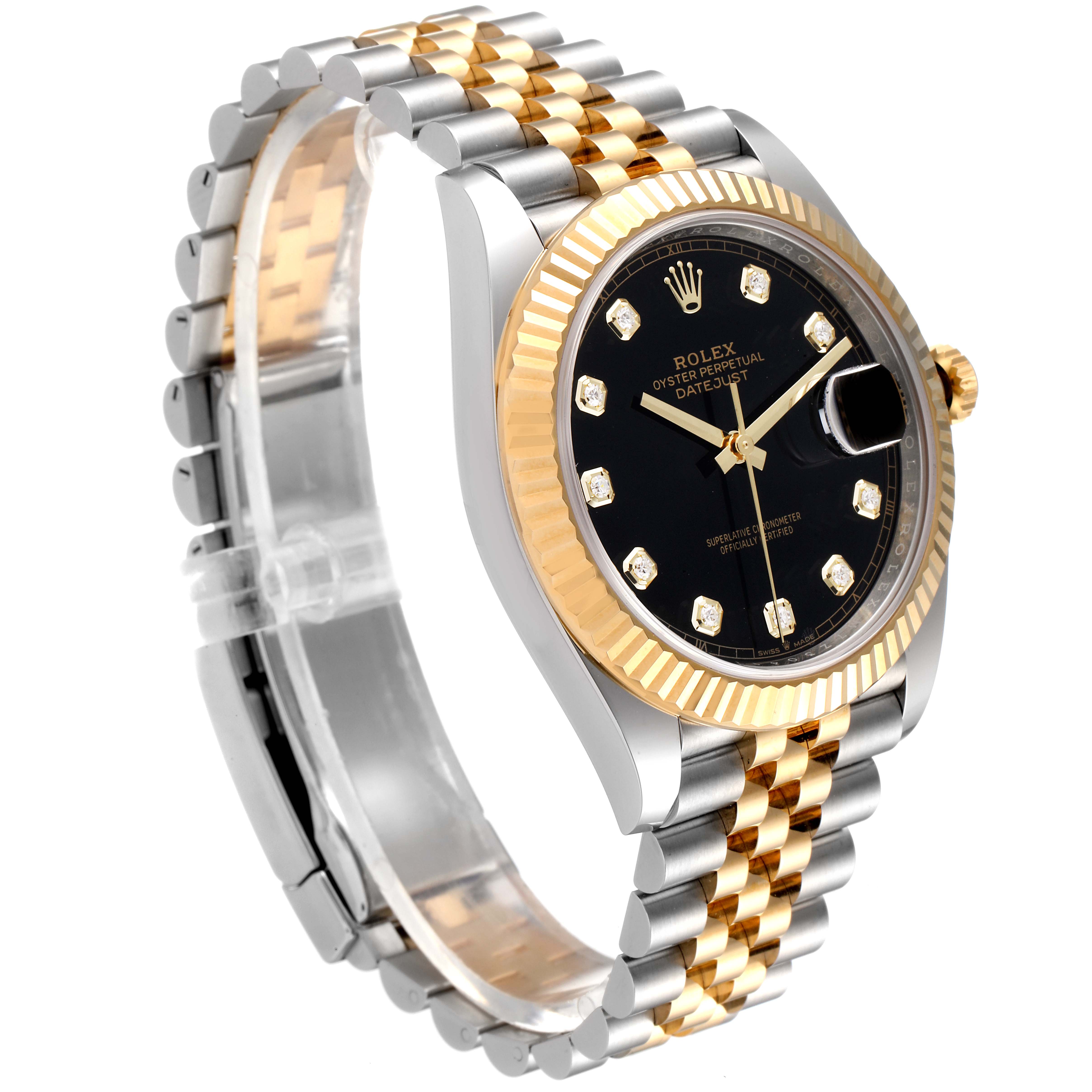 The image shows a Rolex Datejust 41 126333 Men's Steel and Gold (two tone) Black Dial 126333 Men's Steel and Gold (two tone) Black Dial watch at an oblique angle, highlighting its black dial, fluted bezel, and two-tone bracelet.