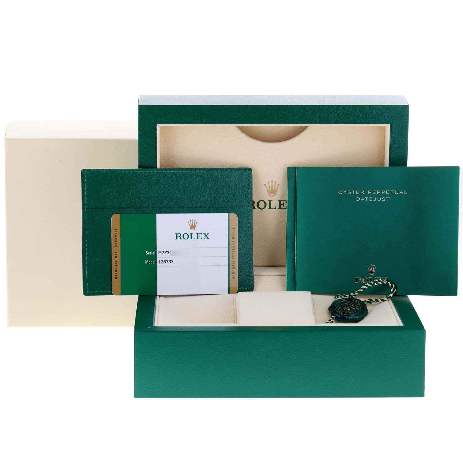 The image shows the packaging, warranty card, booklet, and accessories of a Rolex Datejust 41 126333 Men's Steel and Gold (two tone) Black Dial 126333 Men's Steel and Gold (two tone) Black Dial watch.