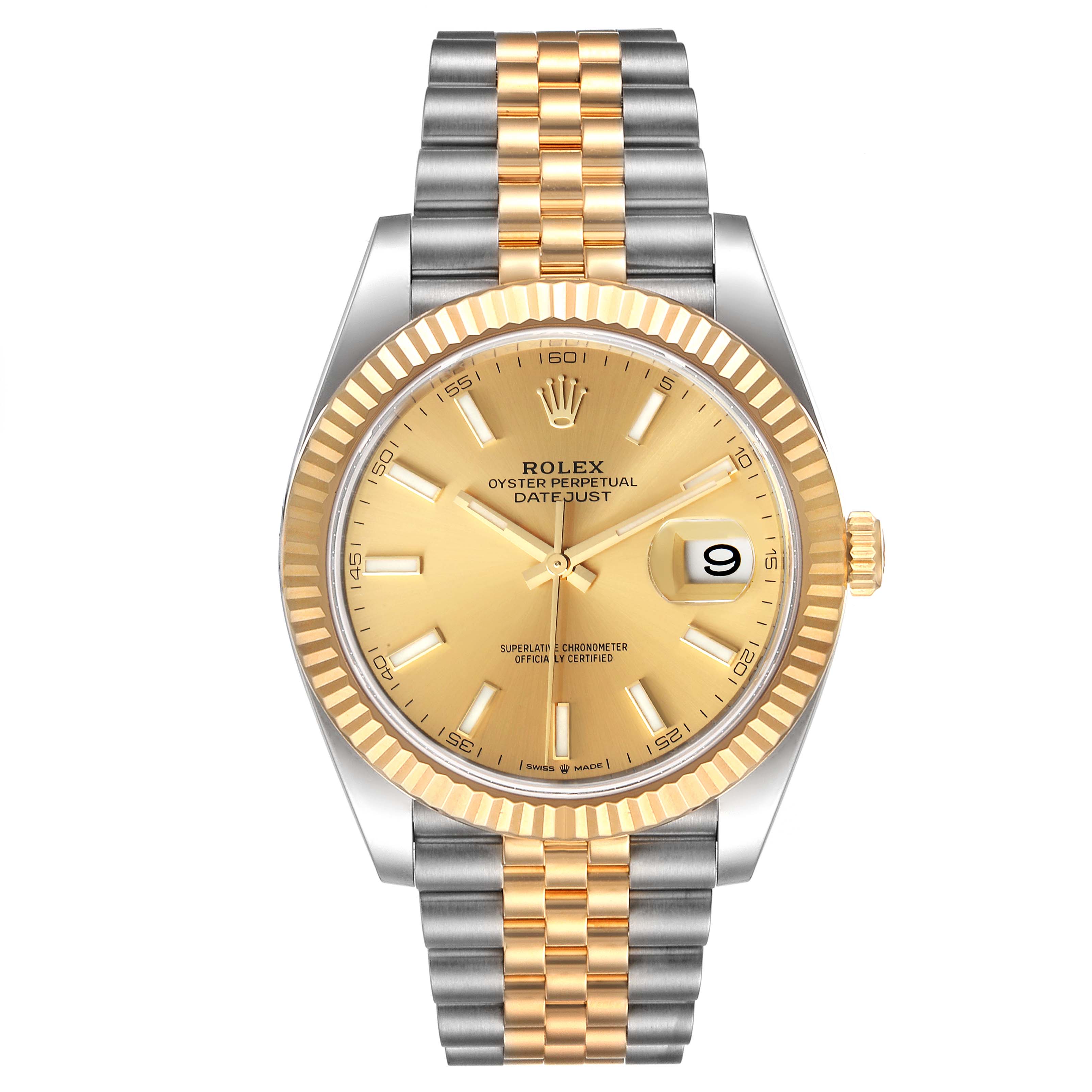 The Rolex Datejust 41 126333 Men's Steel and Gold (two tone) Champagne Dial 126333 Men's Steel and Gold (two tone) Champagne Dial watch is shown from a front angle, displaying its dial, bezel, and Jubilee bracelet.