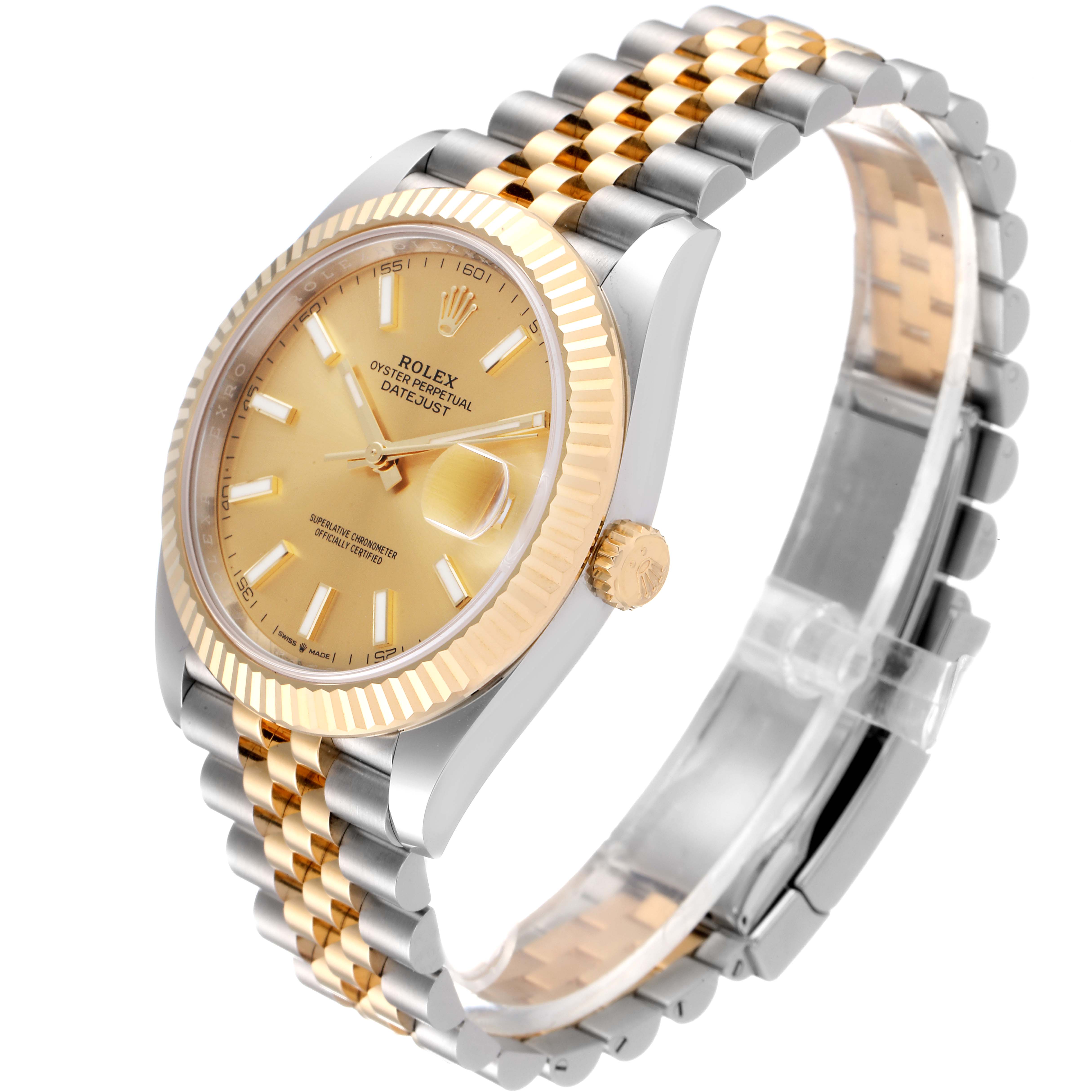 The Rolex Datejust 41 126333 Men's Steel and Gold (two tone) Champagne Dial 126333 Men's Steel and Gold (two tone) Champagne Dial model is shown from a slight side angle, highlighting its gold and silver jubilee bracelet and fluted bezel.