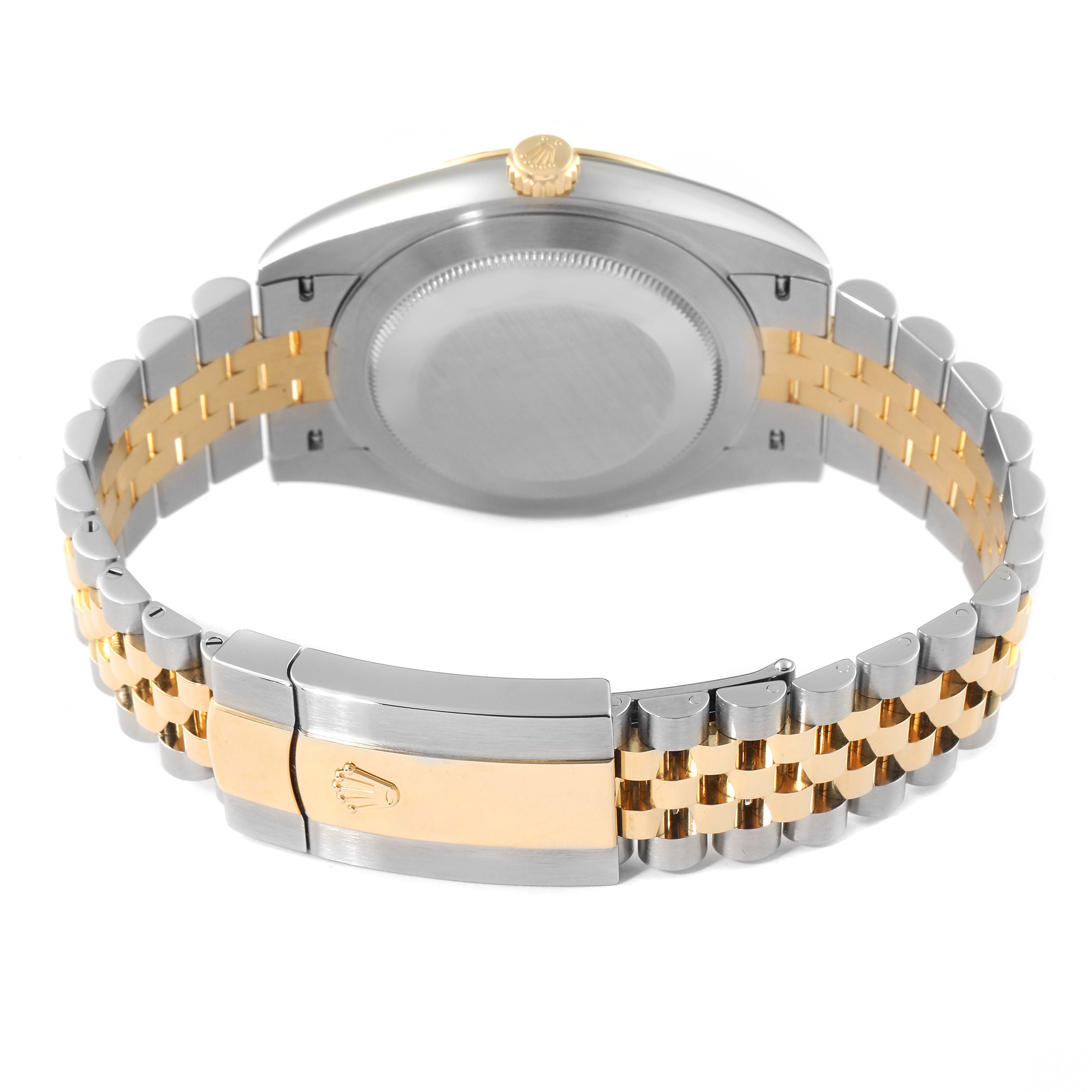 This image shows the back view of a Rolex Datejust 41 126333 Men's Steel and Gold (two tone) Champagne Dial 126333 Men's Steel and Gold (two tone) Champagne Dial watch, highlighting its Jubilee bracelet and clasp.