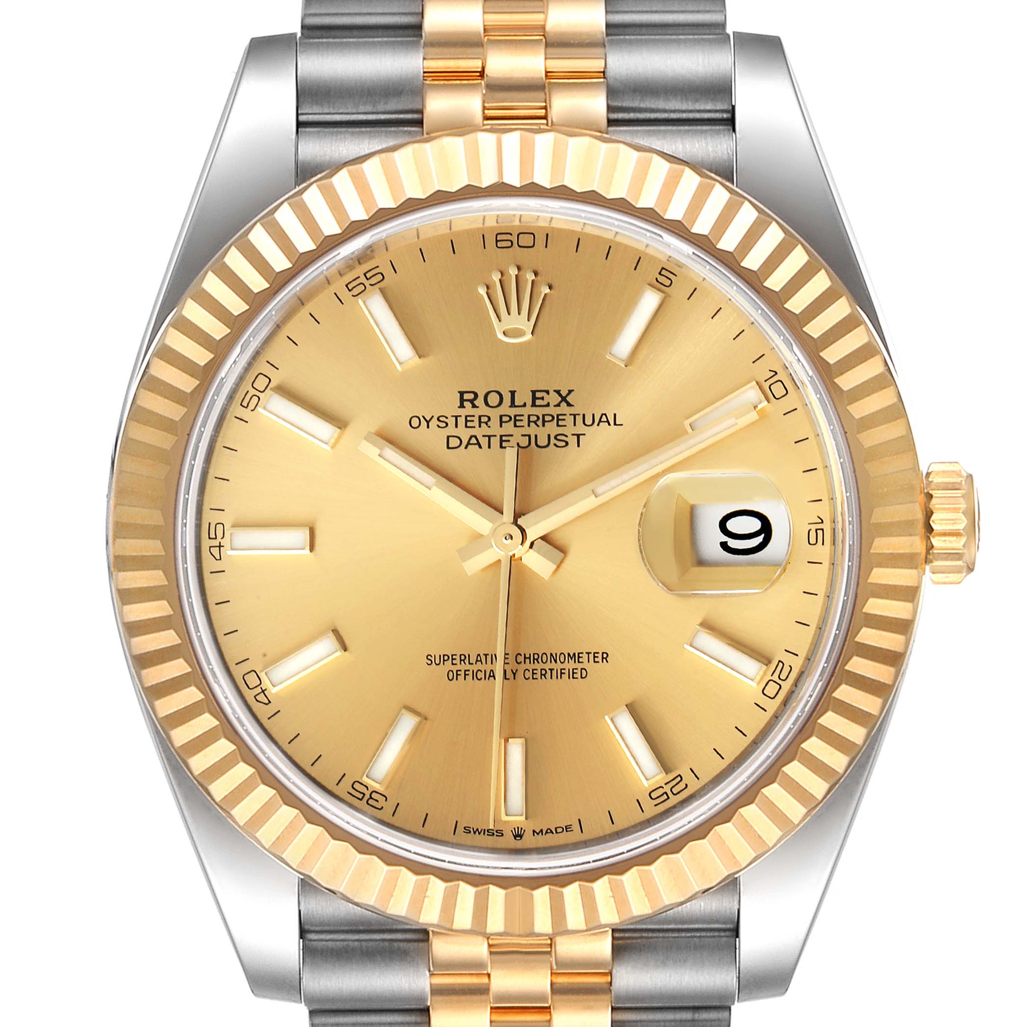 The image shows a Rolex Datejust 41 126333 Men's Steel and Gold (two tone) Champagne Dial 126333 Men's Steel and Gold (two tone) Champagne Dial watch from a frontal angle, highlighting its gold dial, fluted bezel, jubilee bracelet, and date display.
