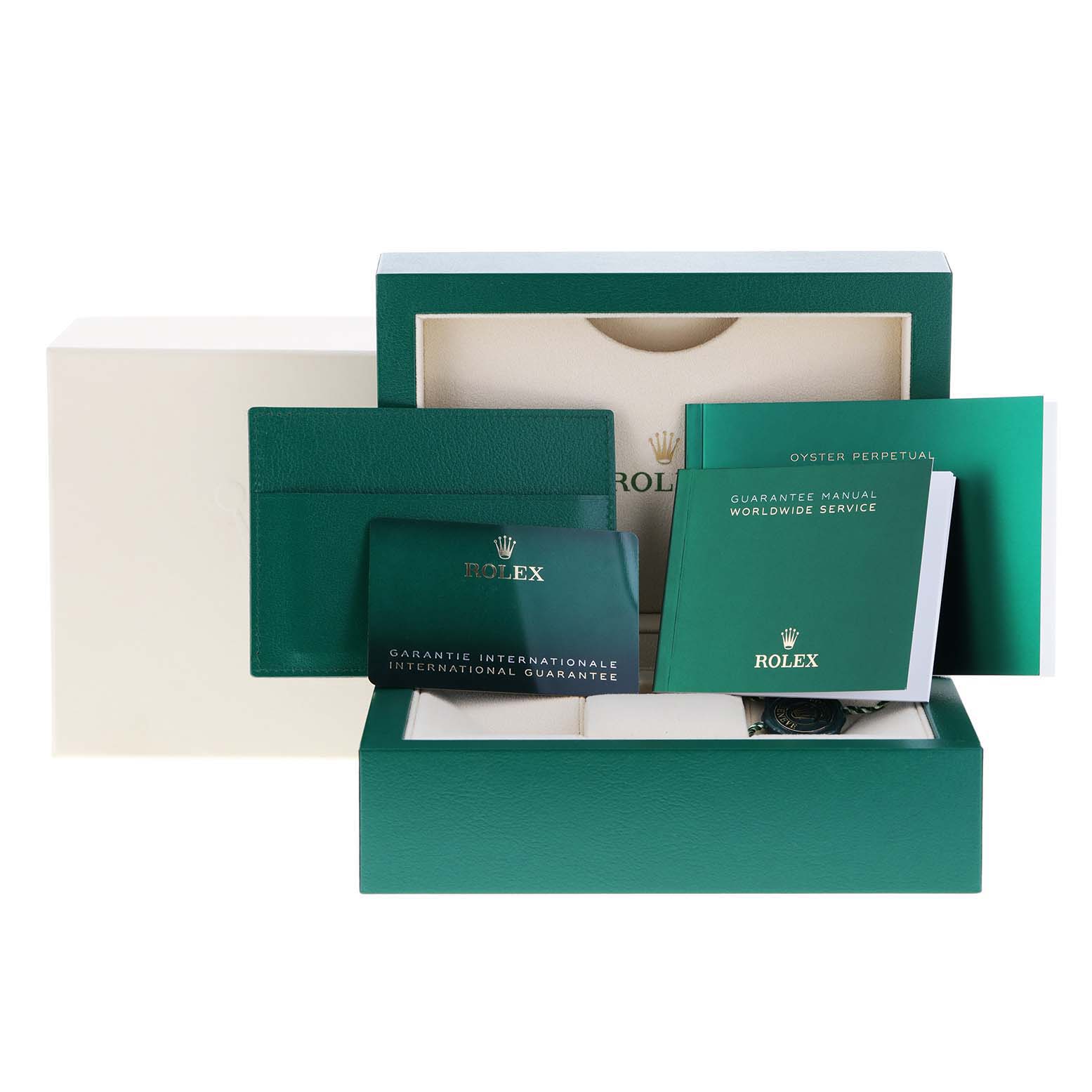 This image shows a Rolex Datejust 41 126333 Men's Steel and Gold (two tone) Champagne Dial 126333 Men's Steel and Gold (two tone) Champagne Dial packaging with guarantee manual, international guarantee card, and green leather cardholder.