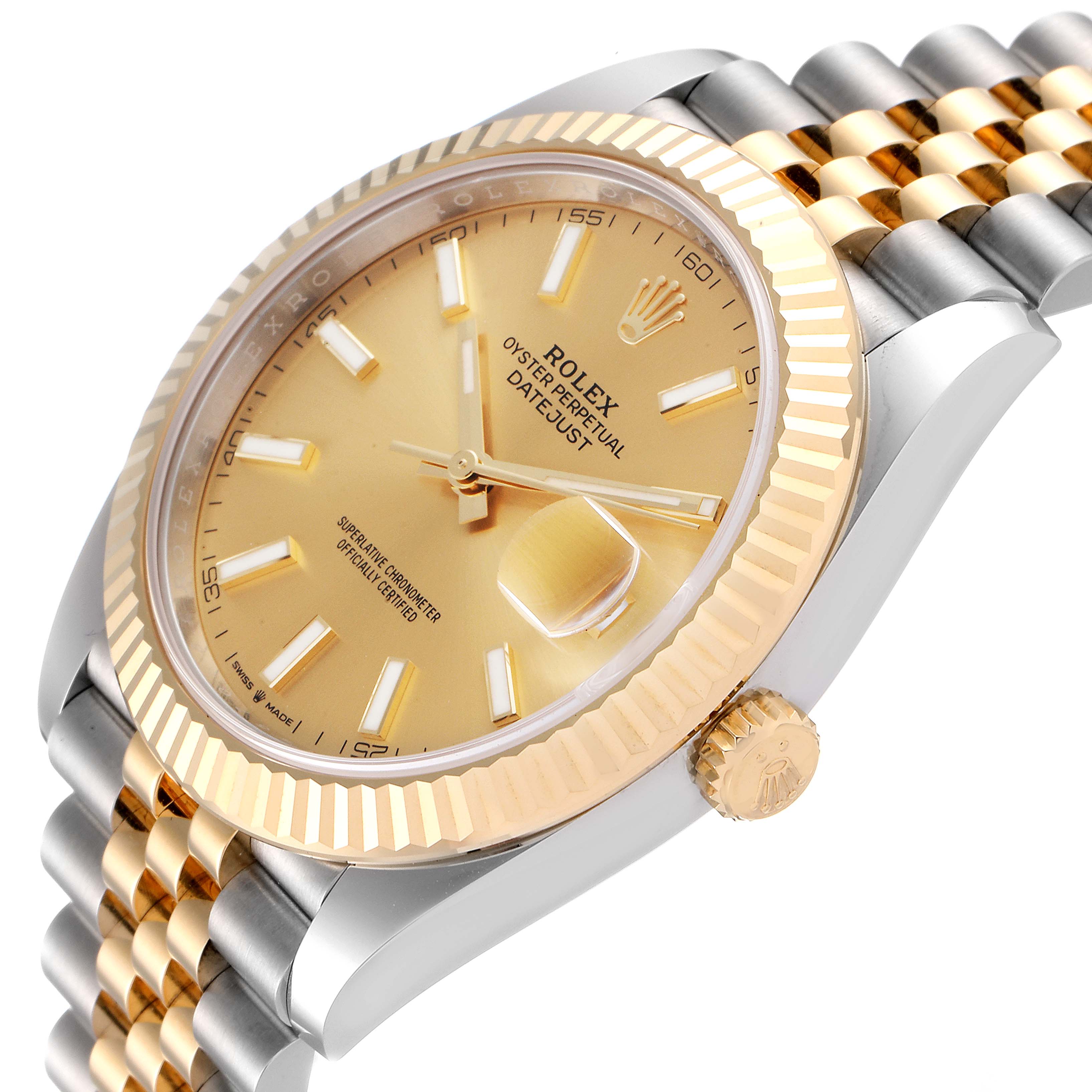 The image shows a close-up side angle of a Rolex Datejust 41 126333 Men's Steel and Gold (two tone) Champagne Dial 126333 Men's Steel and Gold (two tone) Champagne Dial, highlighting the dial, bezel, crown, and part of the bracelet.