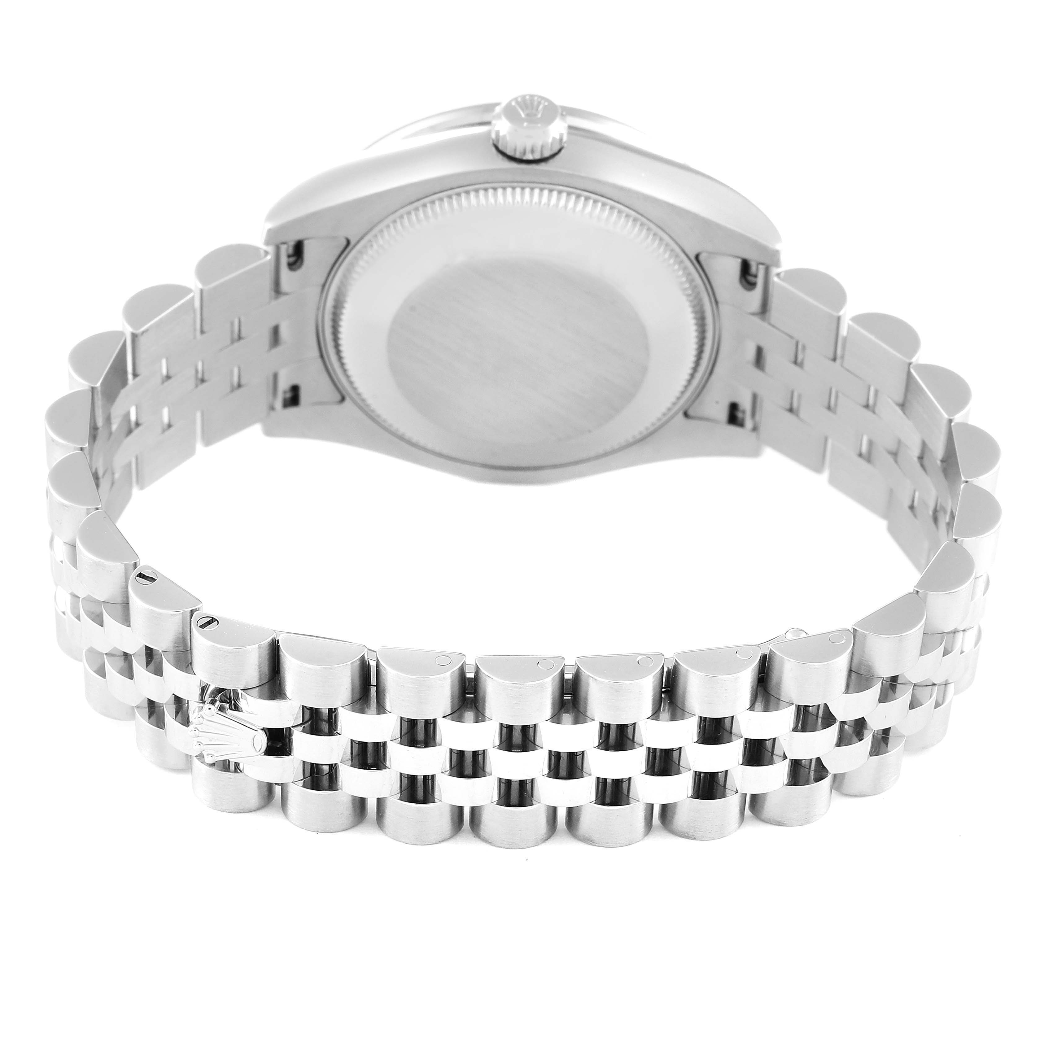 The image shows the back and bracelet of a Mid-Size Rolex watch from a rear angle.