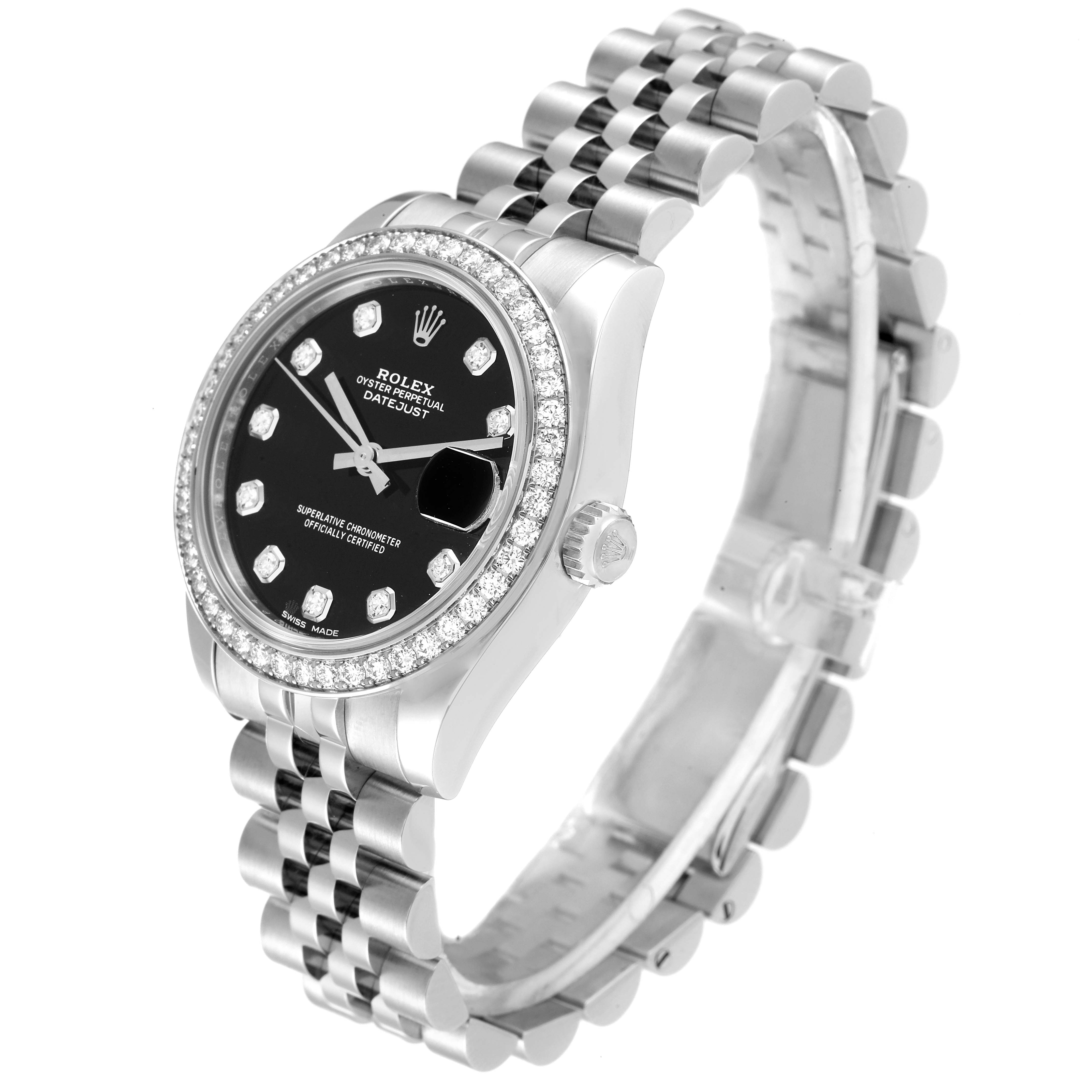 The image shows a Mid-Size Rolex Datejust watch at an angled side view, highlighting its face, bezel, and bracelet.