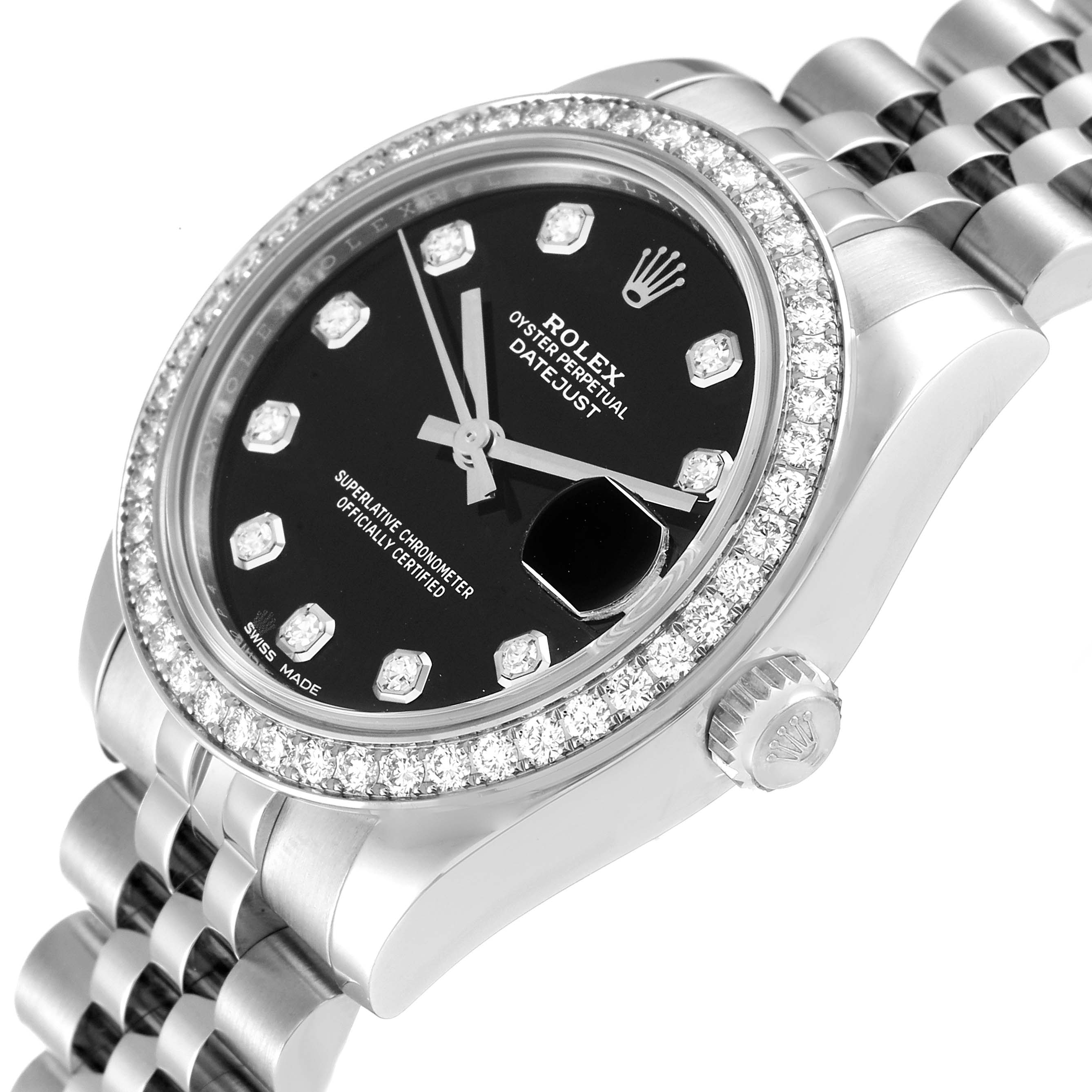 The image shows a top and angled view of a Rolex Mid-Size 178384 Women's Stainless Steel Black Dial 178384 Women's Stainless Steel Black Dial Datejust watch, highlighting the dial, bezel, crown, and bracelet.