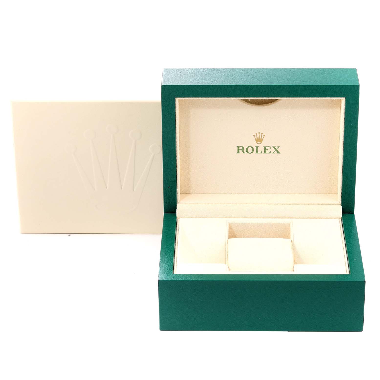 The image shows an open green and beige Rolex box for a Mid-Size model, with an outer cardboard sleeve beside it.