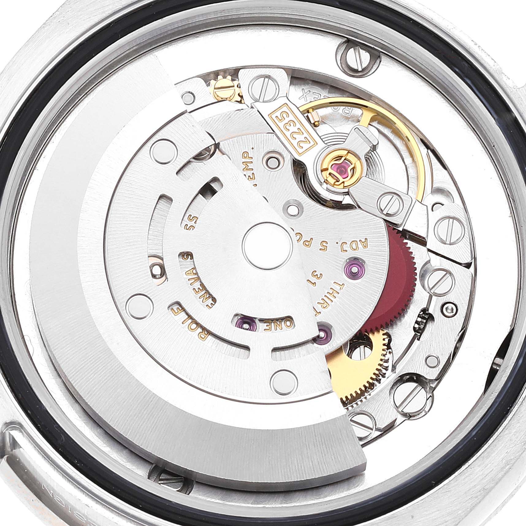 This image shows an internal view of the movement mechanism of a Rolex Mid-Size 178384 Women's Stainless Steel Black Dial 178384 Women's Stainless Steel Black Dial model watch.