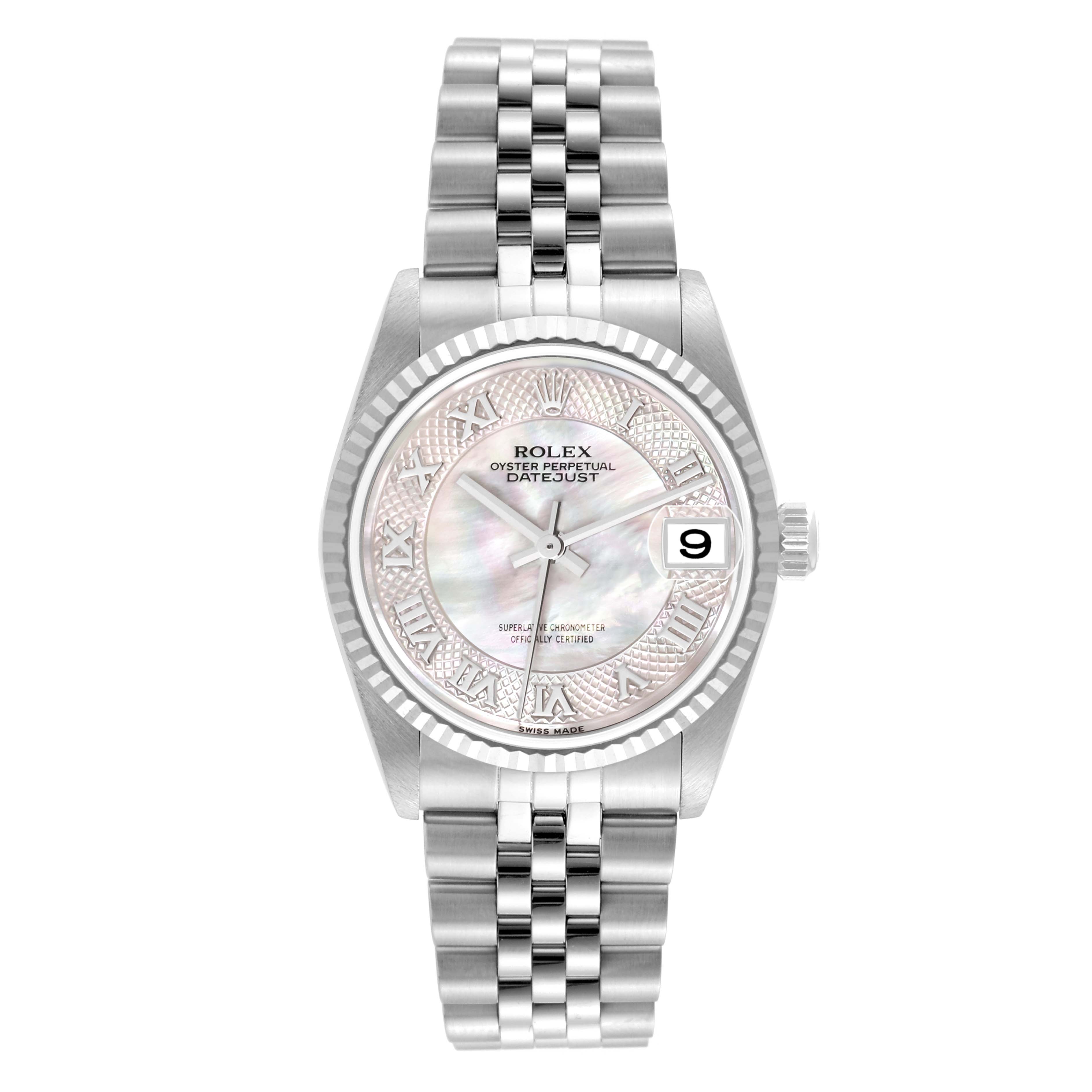 This image shows a front view of a Rolex Mid-Size 78274 Women's Stainless Steel Mother of Pearl Dial 78274 Women's Stainless Steel Mother of Pearl Dial Datejust watch, displaying its dial, bezel, crown, and bracelet.