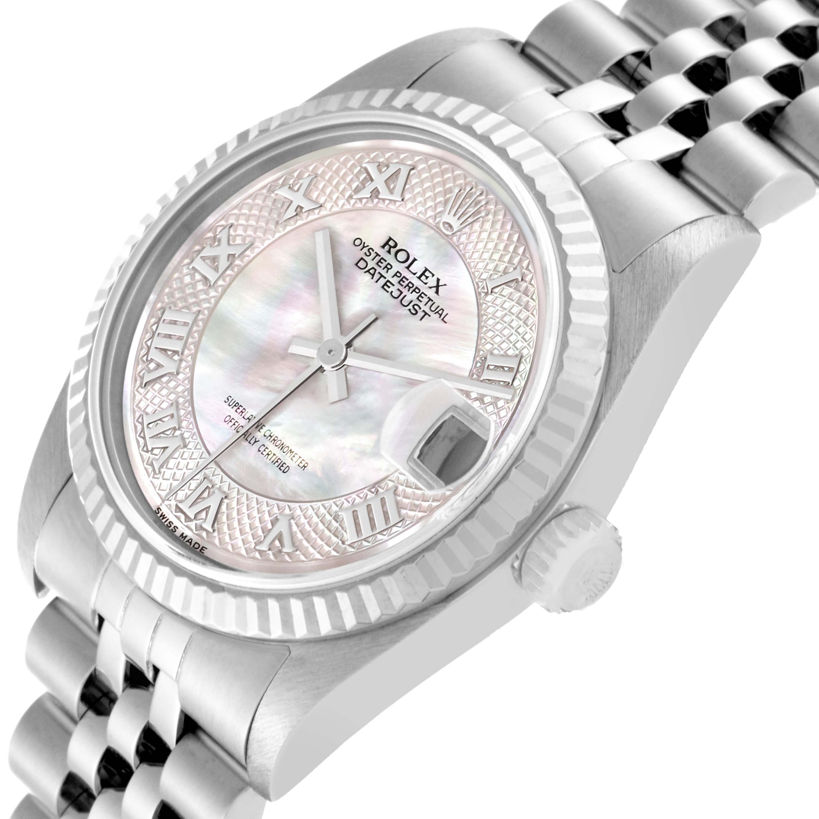 The image shows a close-up angled view of a Rolex Mid-Size 78274 Women's Stainless Steel Mother of Pearl Dial 78274 Women's Stainless Steel Mother of Pearl Dial Oyster Perpetual Datejust, highlighting the dial, bezel, and portion of the bracelet.