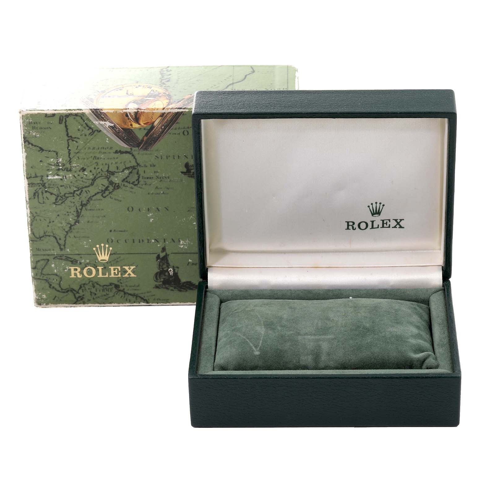 The image shows an empty opened green Rolex watch box with the outer packaging behind it.