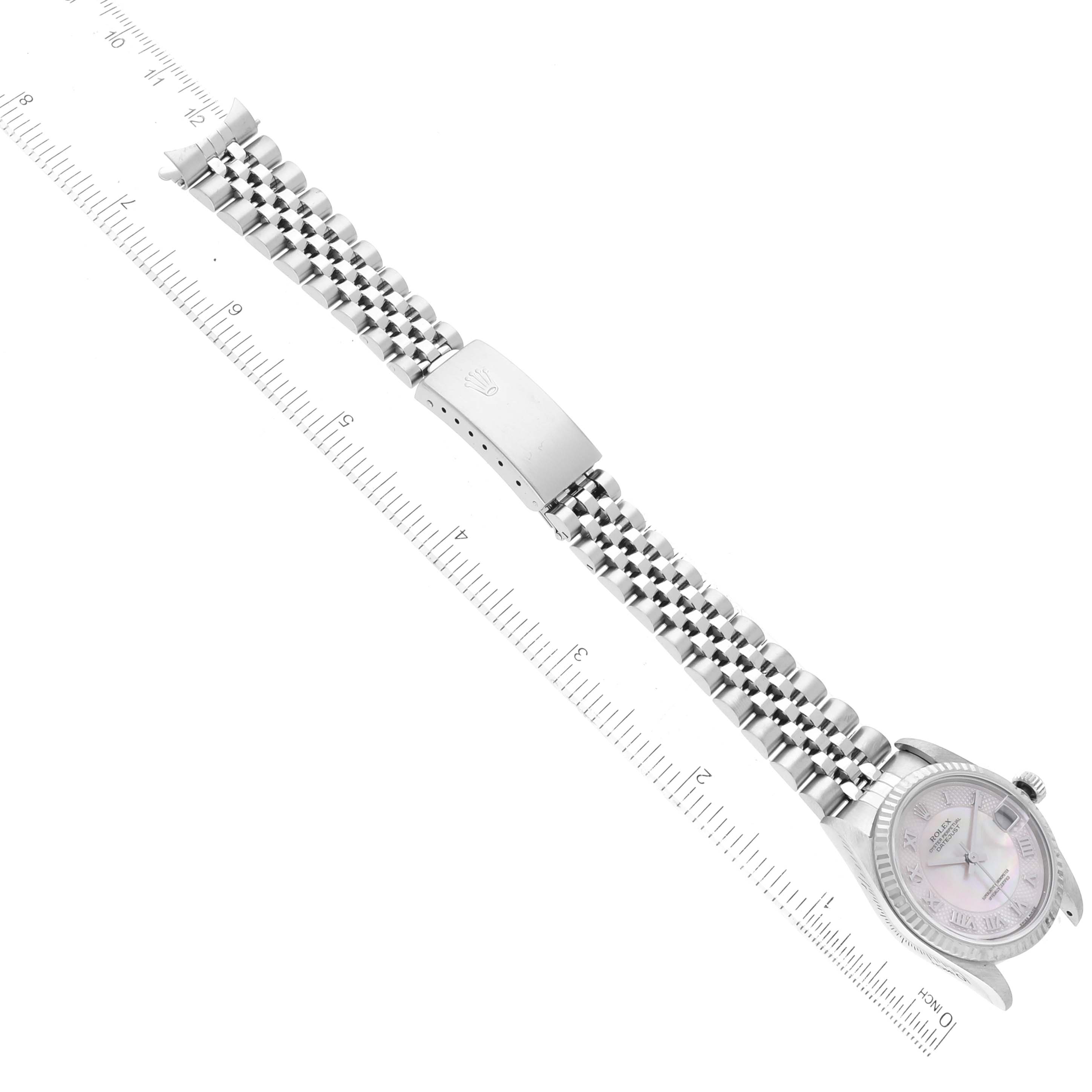 The image shows a Mid-Size Rolex watch at a diagonal angle, displaying the watch face, bracelet, and clasp.