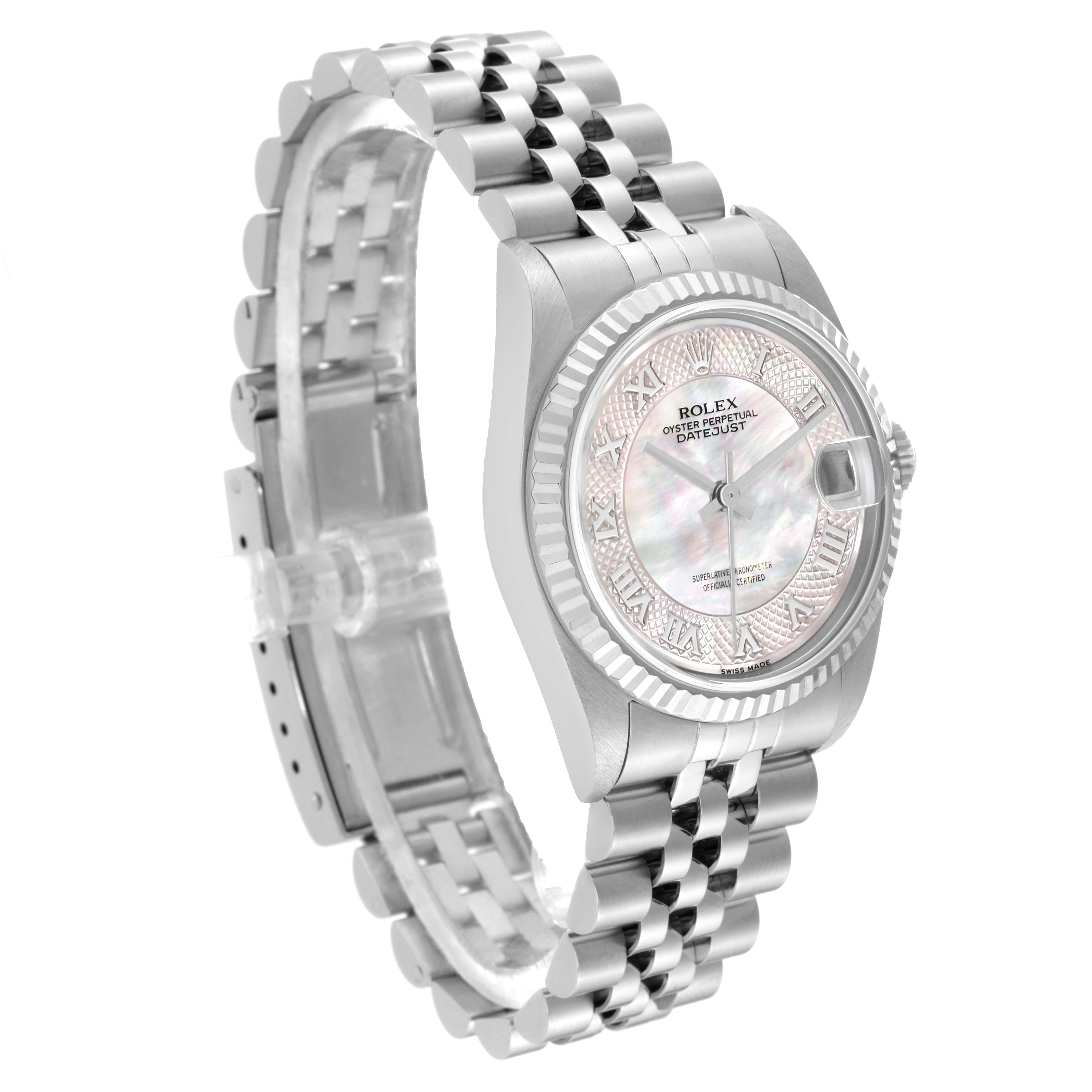 This image shows a side view of a Rolex Mid-Size 78274 Women's Stainless Steel Mother of Pearl Dial 78274 Women's Stainless Steel Mother of Pearl Dial Oyster Perpetual Datejust, featuring the case, bezel, dial, and bracelet.