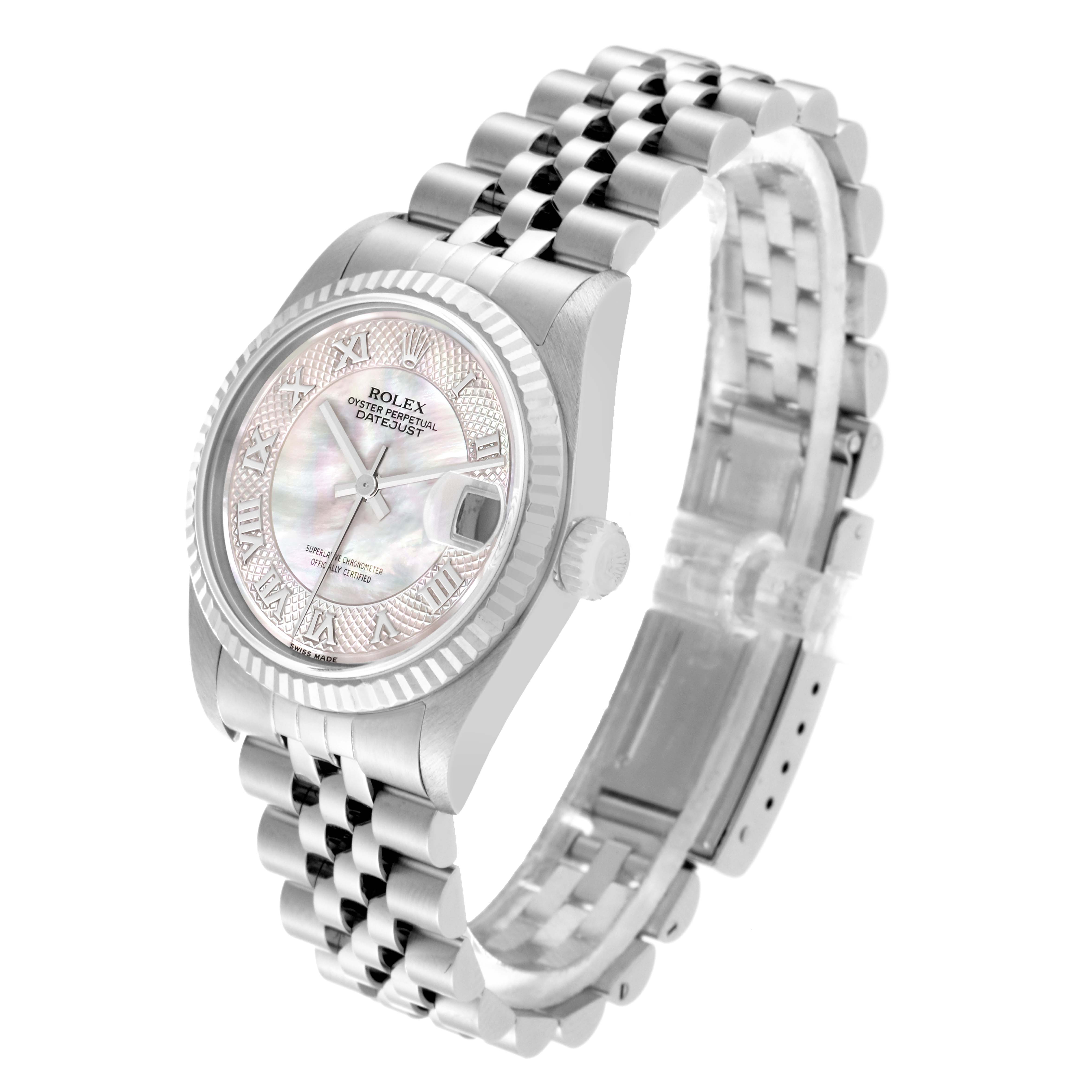 The image shows a Rolex Mid-Size 78274 Women's Stainless Steel Mother of Pearl Dial 78274 Women's Stainless Steel Mother of Pearl Dial Datejust watch at a three-quarter angle, displaying the dial, bezel, crown, and bracelet.