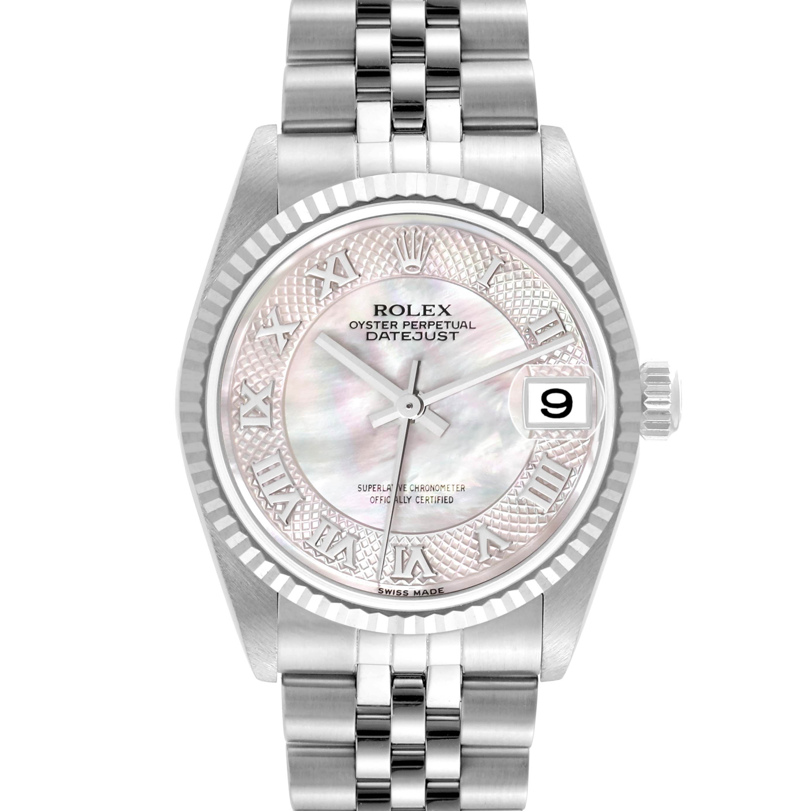 This is a front view of a Rolex Mid-Size 78274 Women's Stainless Steel Mother of Pearl Dial 78274 Women's Stainless Steel Mother of Pearl Dial Datejust watch showing the face, hands, date window, and part of the bracelet.
