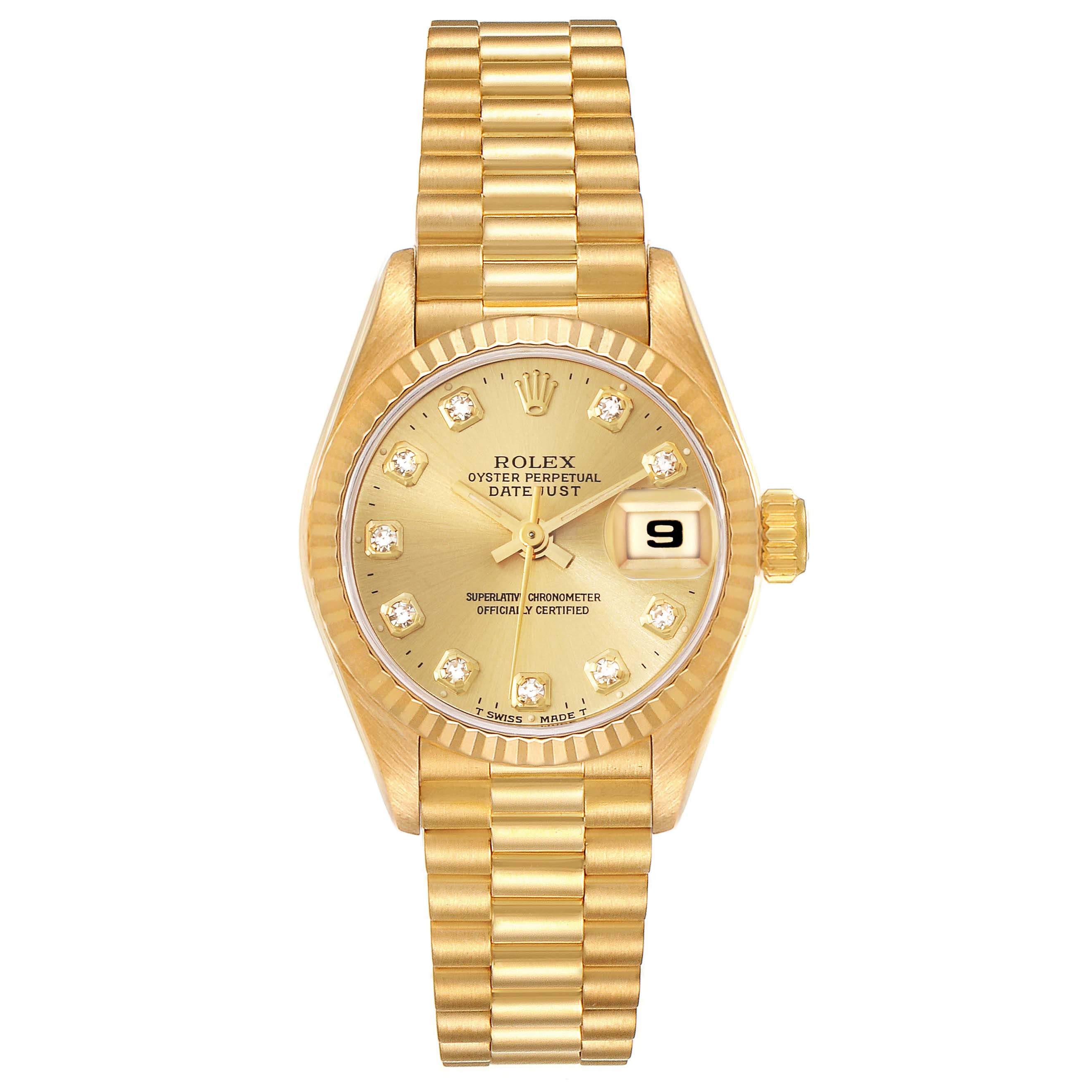The image shows a front view of the Rolex President 69178 Women's Yellow Gold Champagne Dial 69178 Women's Yellow Gold Champagne Dial model watch, displaying the gold bracelet, dial, and date window.