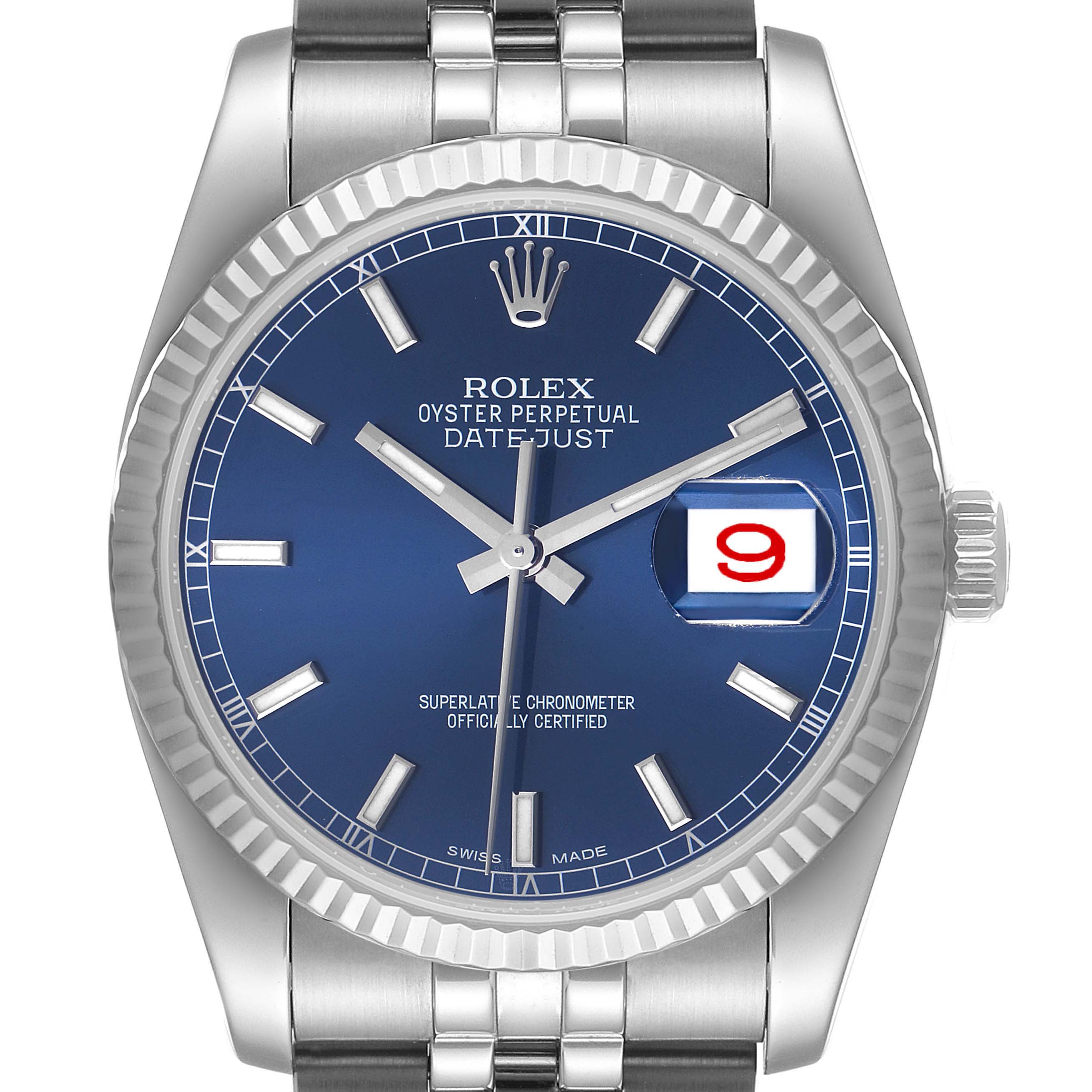 The Rolex Datejust 116234 Men's Stainless Steel Blue Dial 116234 Men's Stainless Steel Blue Dial watch is shown from a front angle, highlighting its blue dial, fluted bezel, and stainless steel bracelet.