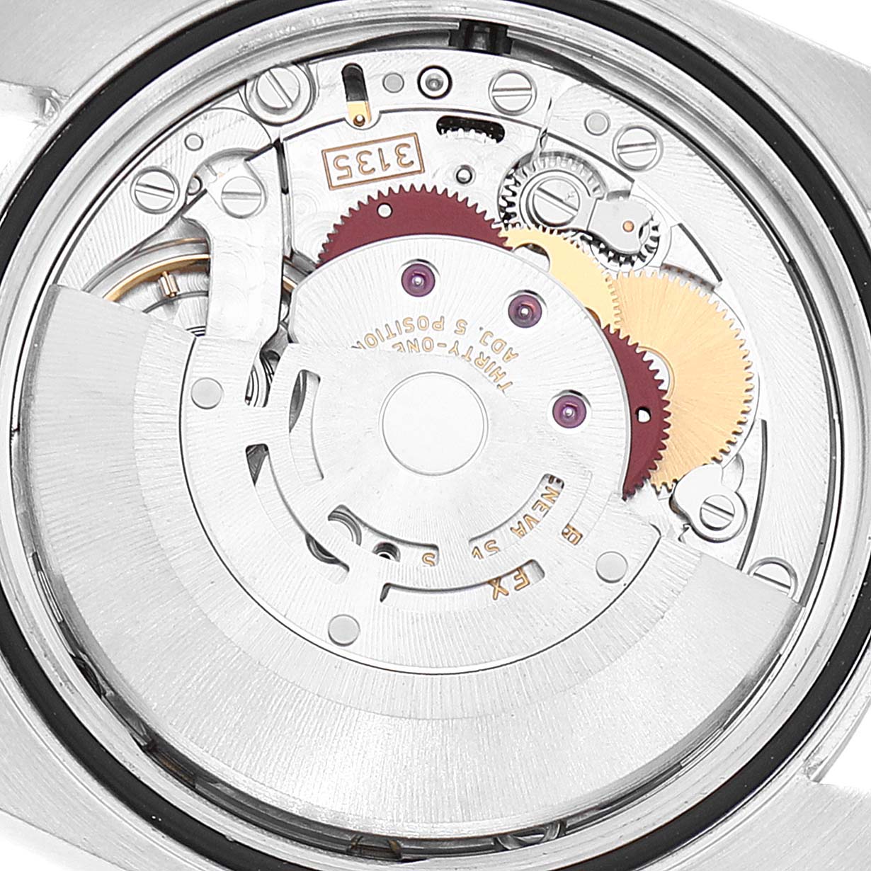 This image shows the internal movement mechanism of the Rolex Datejust 116234 Men's Stainless Steel Blue Dial 116234 Men's Stainless Steel Blue Dial watch from a rear angle.