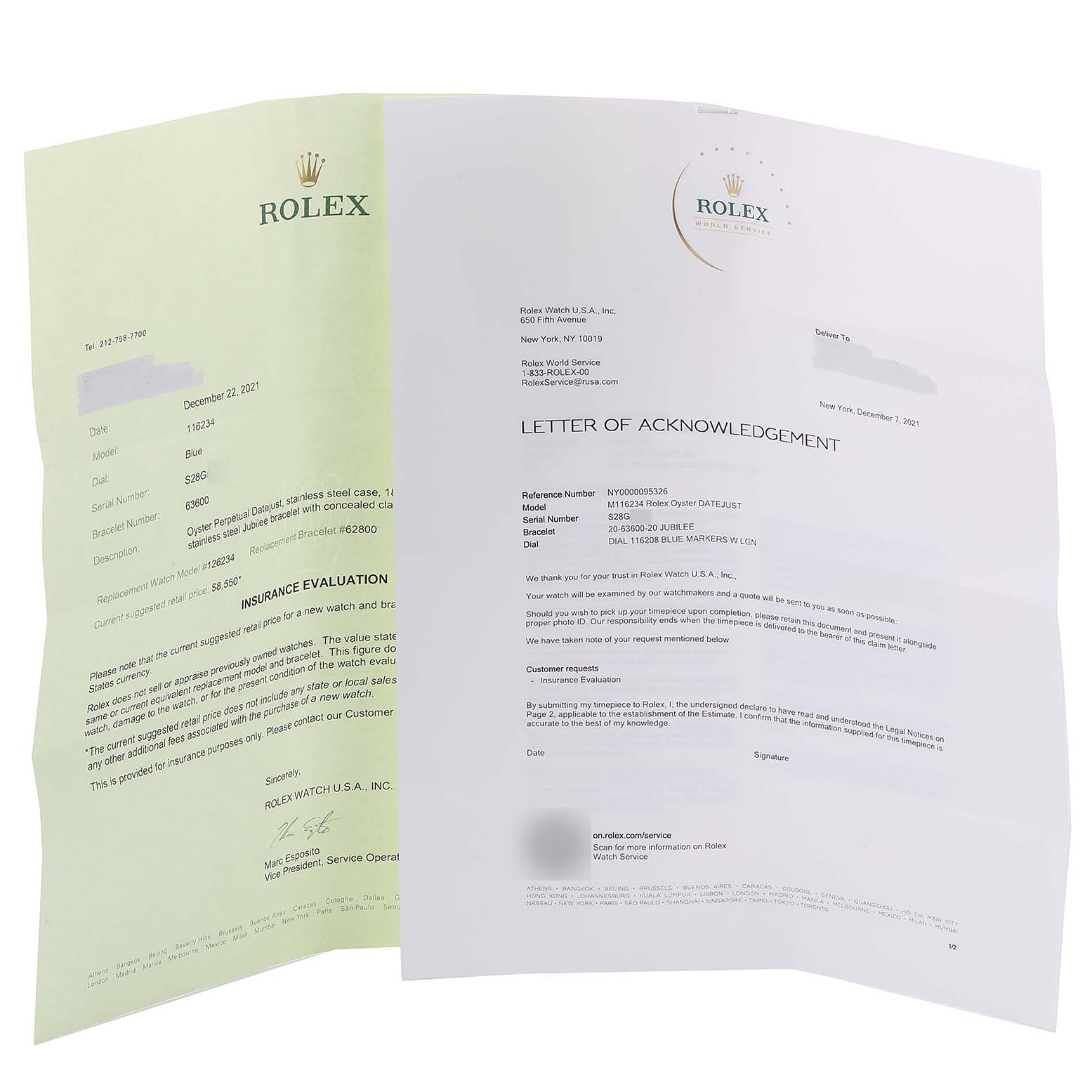 The image shows documents related to a Rolex Datejust 116234 Men's Stainless Steel Blue Dial 116234 Men's Stainless Steel Blue Dial watch, including an insurance evaluation and a letter of acknowledgment.