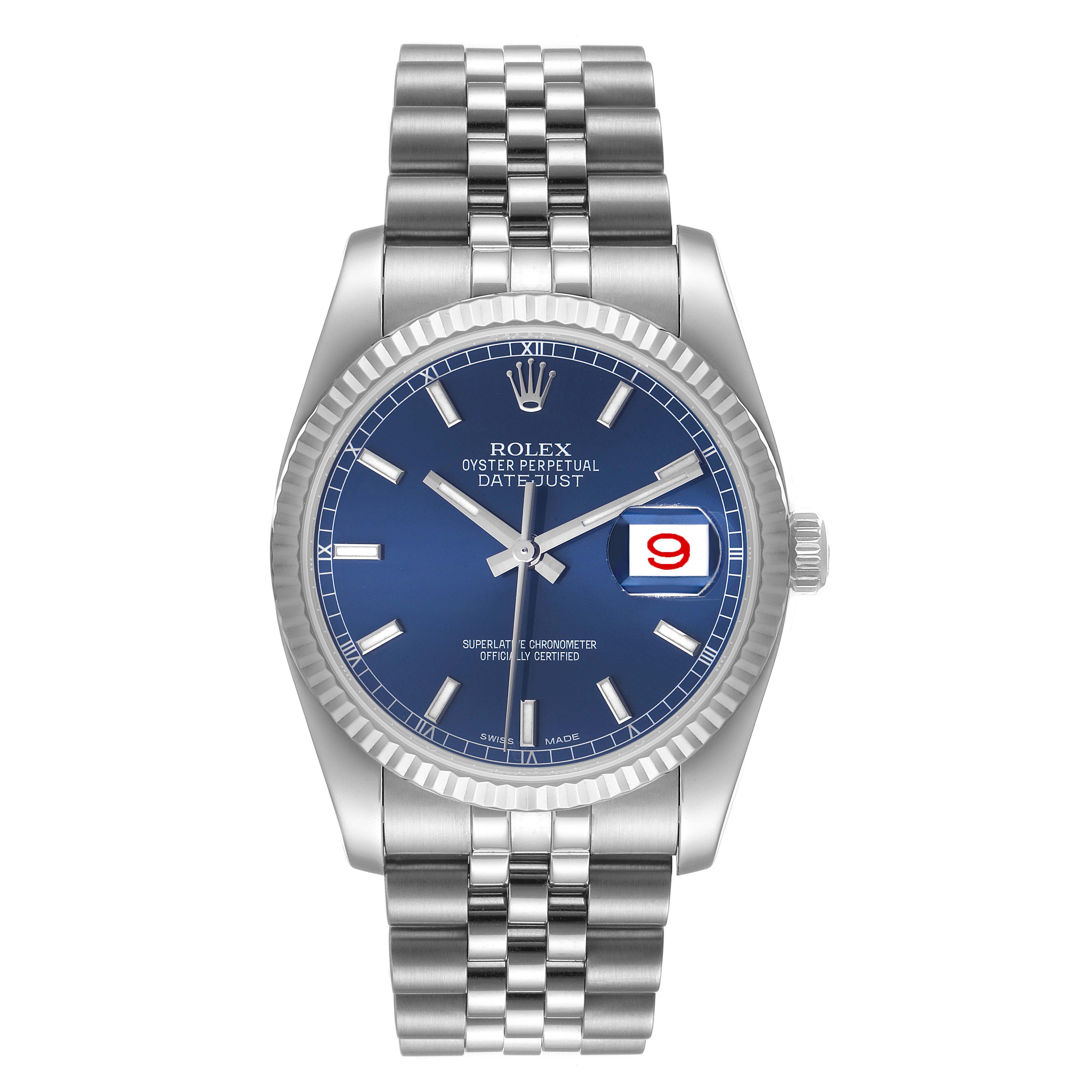 The image shows a front view of the Rolex Datejust 116234 Men's Stainless Steel Blue Dial 116234 Men's Stainless Steel Blue Dial watch, highlighting the blue dial, jubilee bracelet, and fluted bezel.