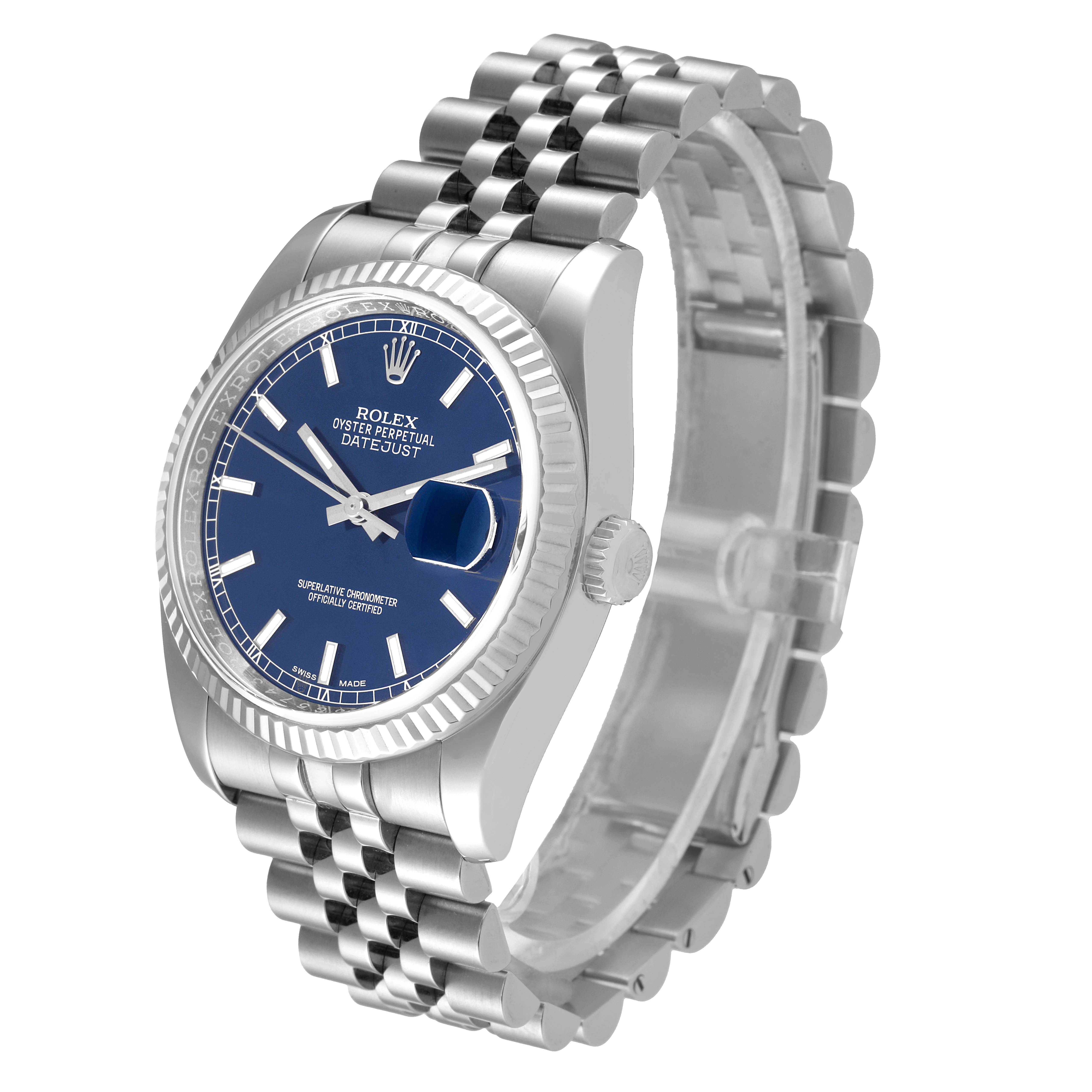 This image shows a side angle of a Rolex Datejust 116234 Men's Stainless Steel Blue Dial 116234 Men's Stainless Steel Blue Dial, highlighting the dial, bezel, crown, and jubilee bracelet.
