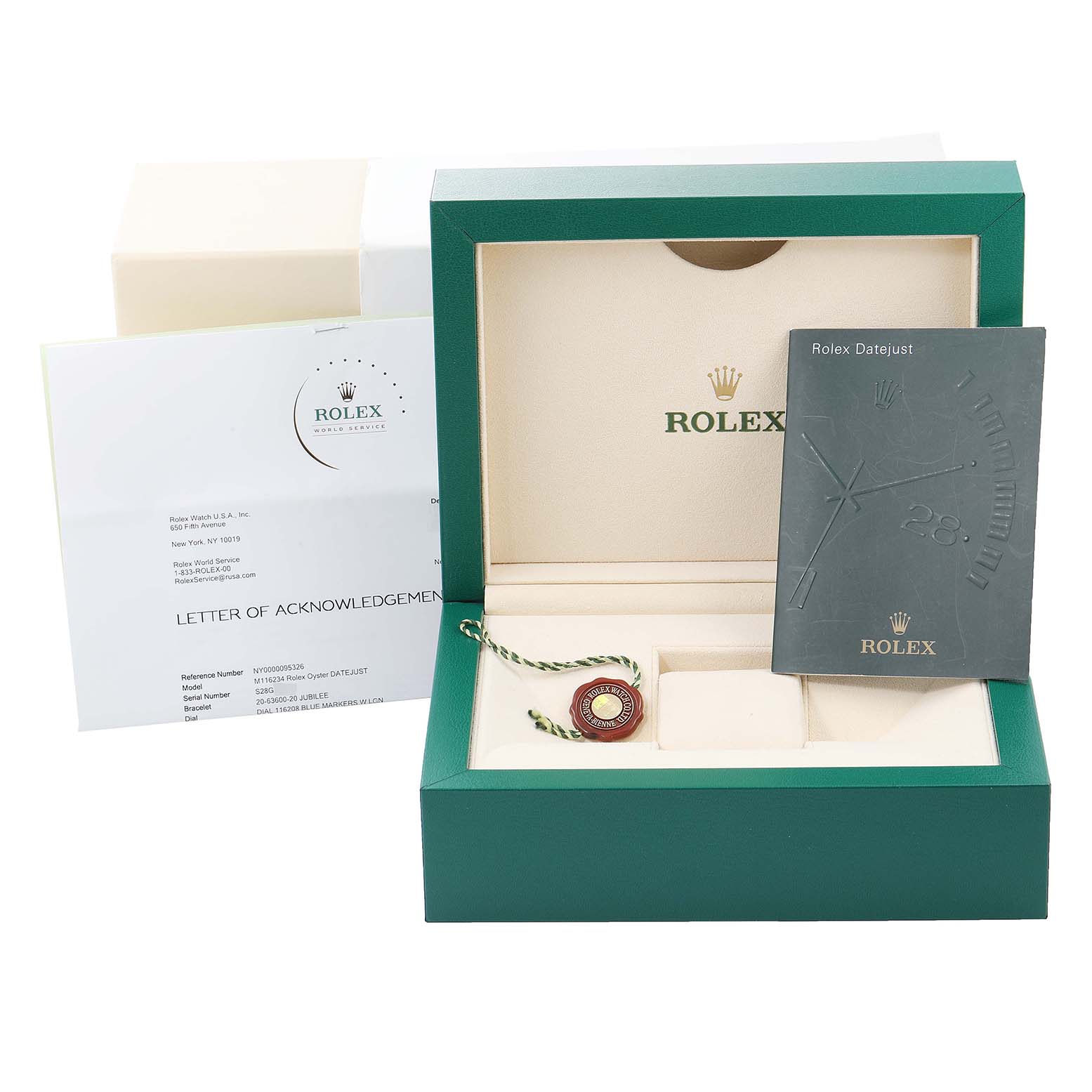 This shows the Rolex Datejust 116234 Men's Stainless Steel Blue Dial 116234 Men's Stainless Steel Blue Dial packaging, including the box, papers, and hang tag, viewed from the front.