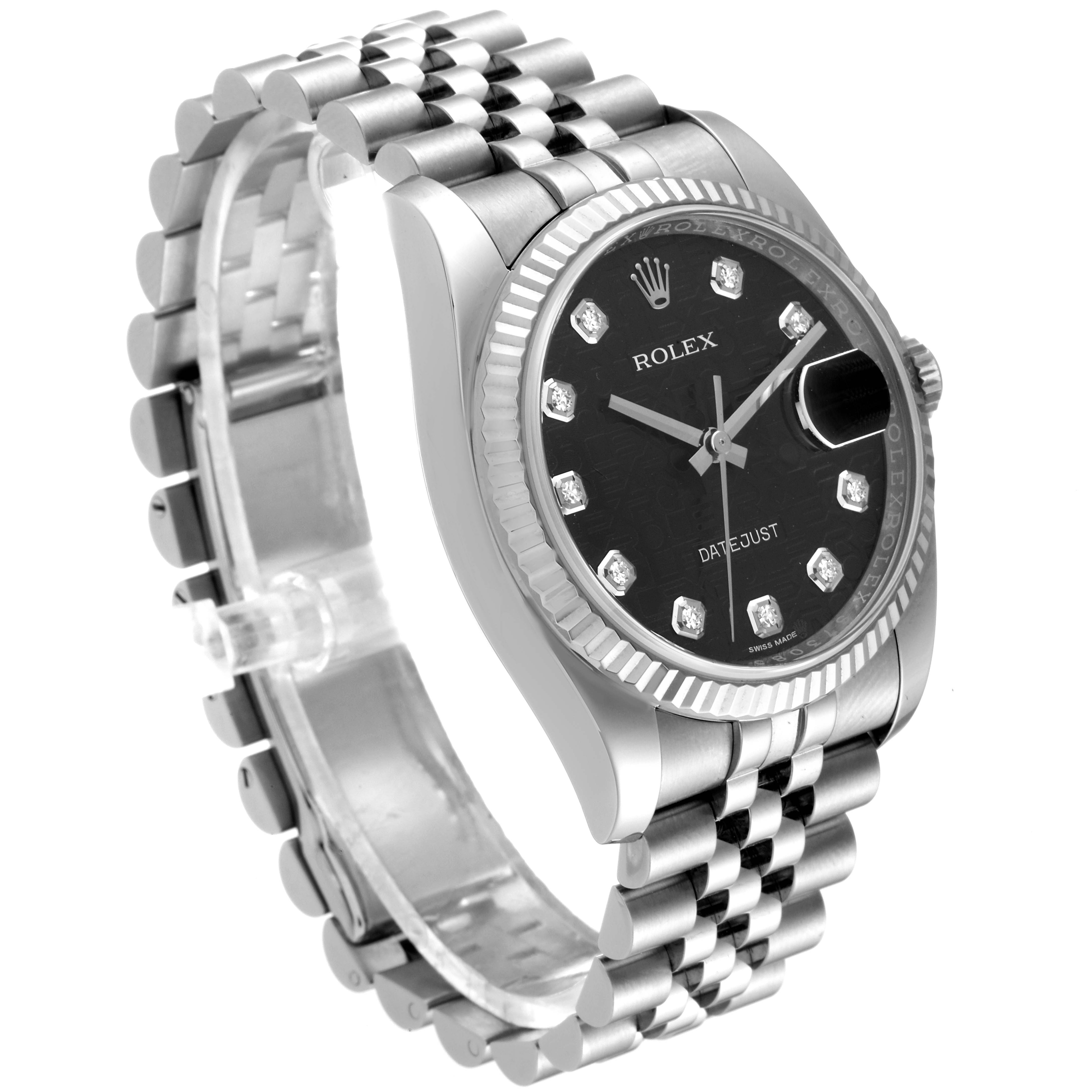 The Rolex Datejust 116234 Men
s Stainless Steel Black Dial 116234 Men
s Stainless Steel Black Dial watch is shown at a slight angle, highlighting the dial, fluted bezel, and jubilee bracelet.