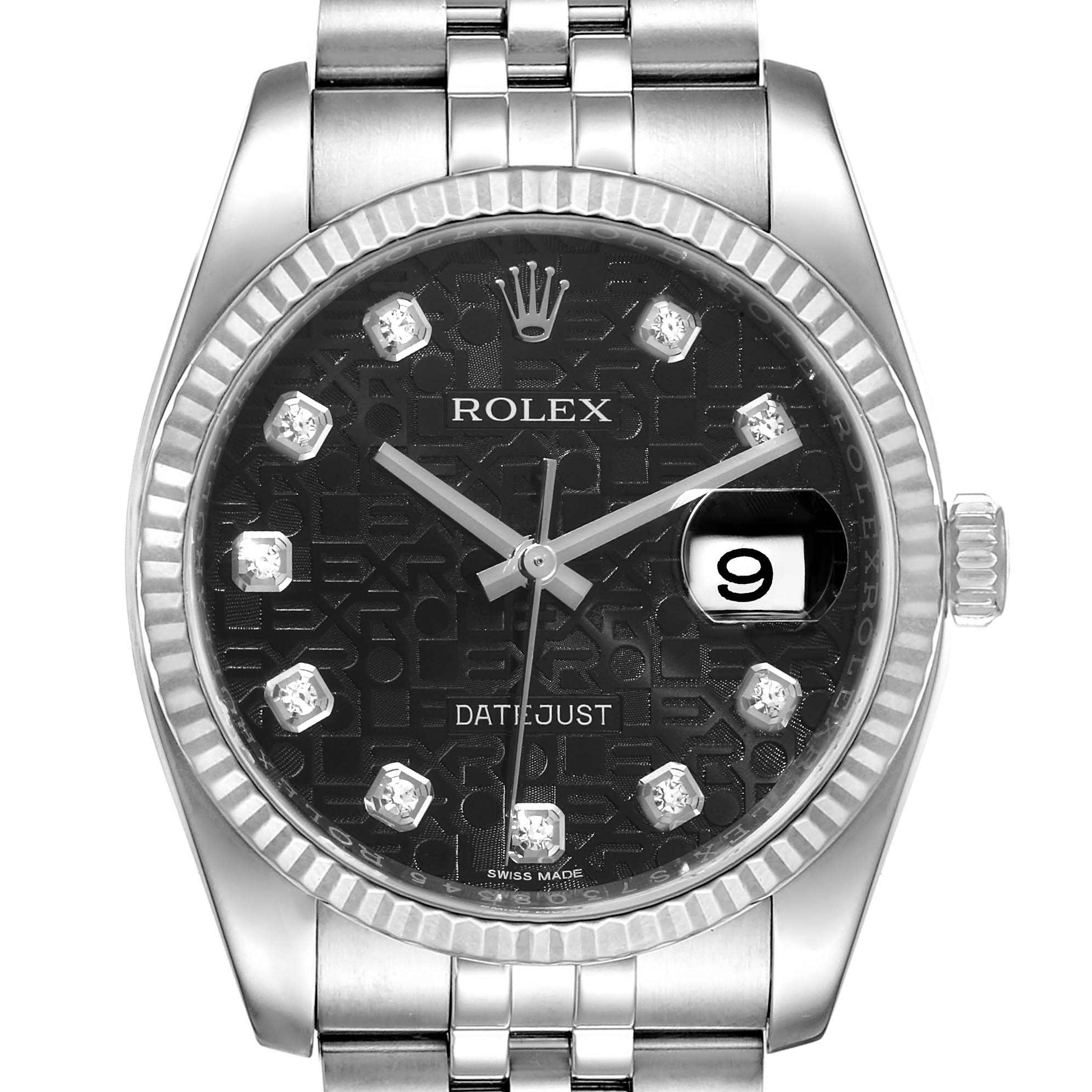 The image shows a front view of a Rolex Datejust 116234 Men
s Stainless Steel Black Dial 116234 Men
s Stainless Steel Black Dial watch, highlighting its dial, bezel, hands, and bracelet.